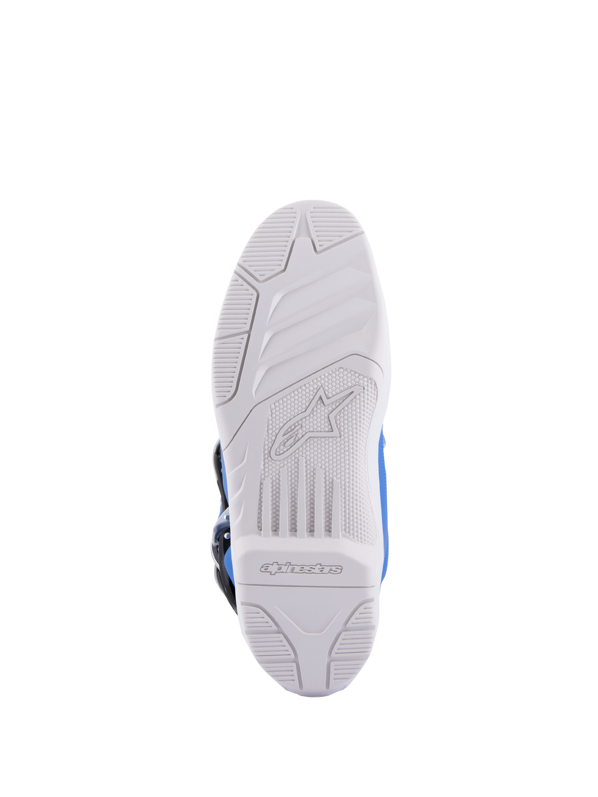 Bottes Alpinestars Tech 5, bottes de motocross, bleu et blanc, vue de la semelle présentant une semelle extérieure en caoutchouc blanc avec logo Alpinestars embossé et motif d'adhérence texturé, construction durable pour la conduite tout-terrain
