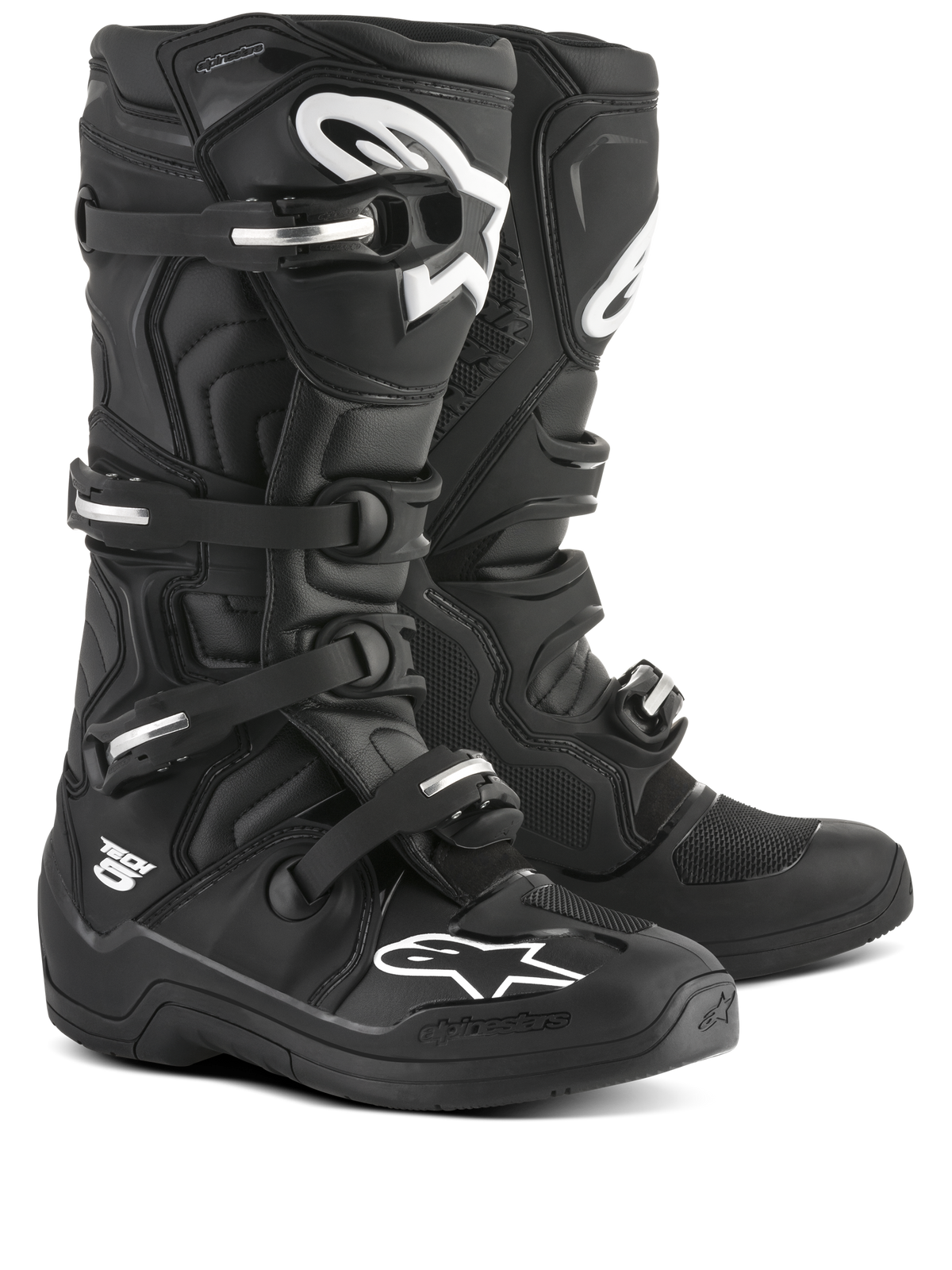 Bottes Alpinestars Tech 5, motocross tout-terrain unisexes, noires et blanches, certifiées CE, pivot biomécanique et système de boucles en aluminium.