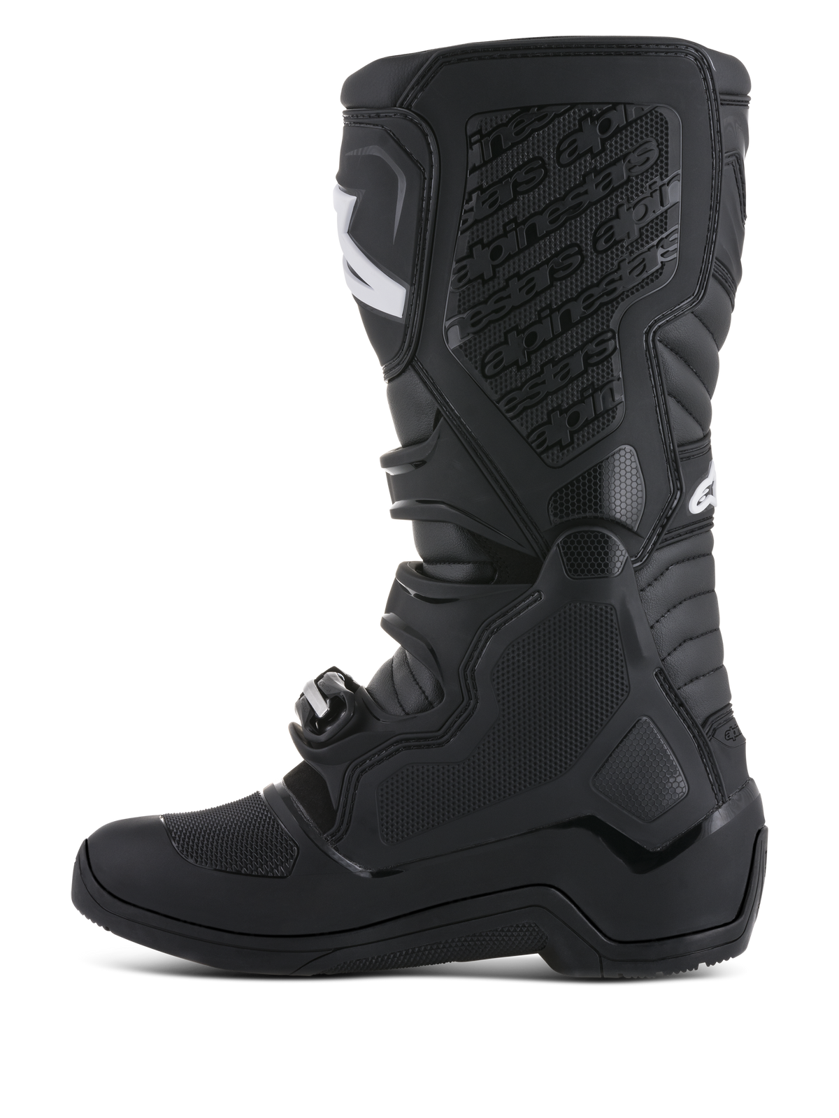 Alpinestars Tech 5, bottes de motocross noires avec pivot biomécanique et plaque tibiale en TPU, protection moto mixte.