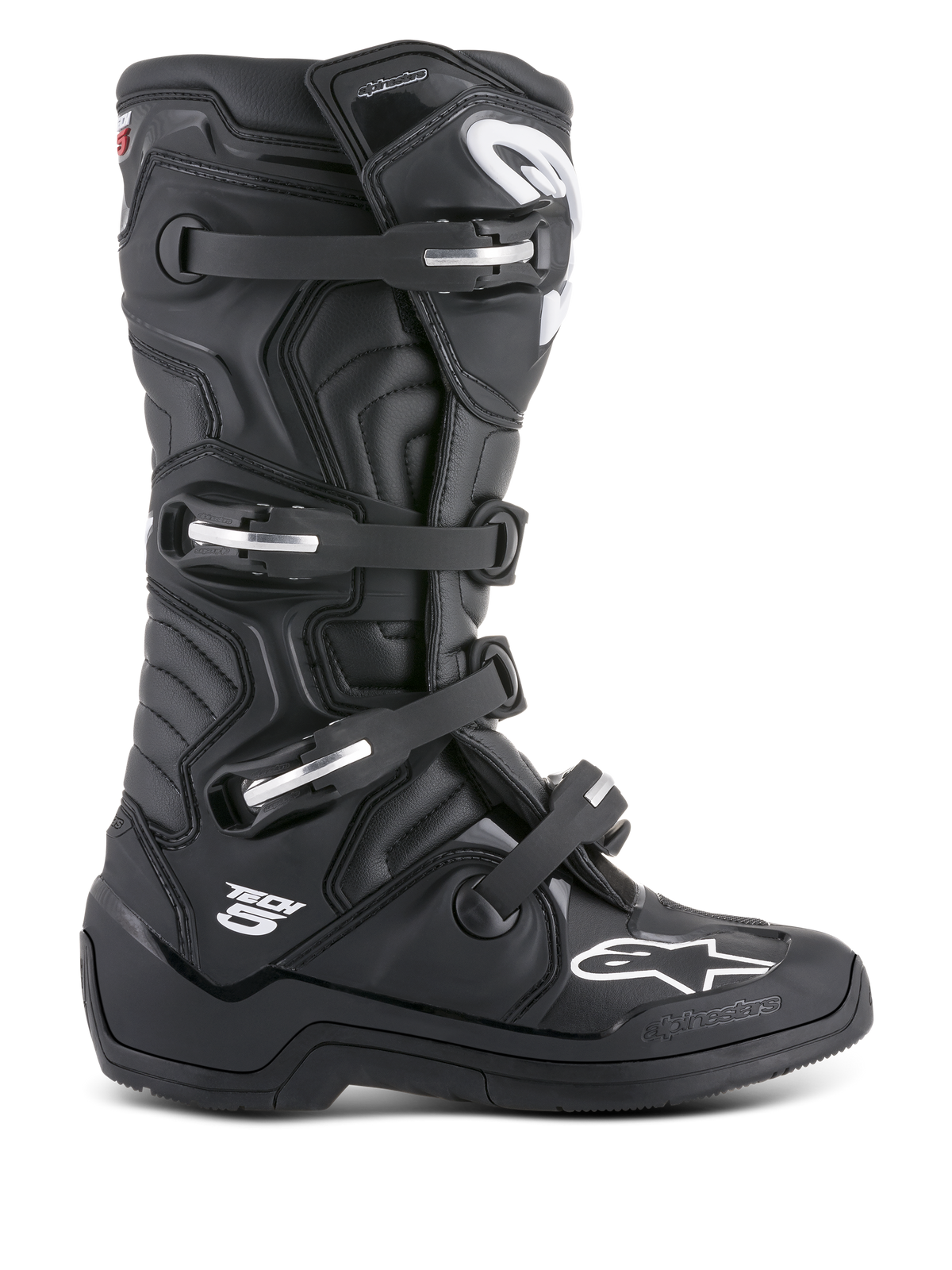 Alpinestars Tech 5, bottes de motocross mixtes, noires, certifiées CE, boucles en aluminium et coque TPU.
