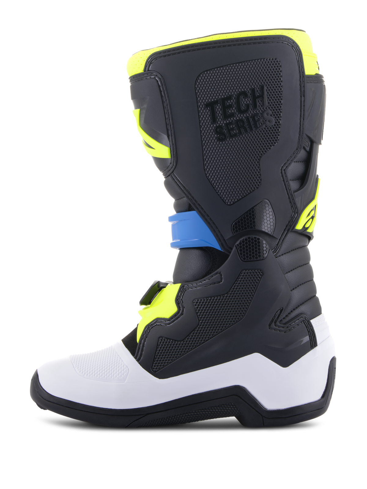 Alpinestars Youth Tech 7S Boots, Motocross Boots, Black Enamel Blue and Yellow Fluo, featuring a white lower shell, protective black TPU panels with 'TECH SERIES' branding, and a secure buckle system, designed for junior riders.