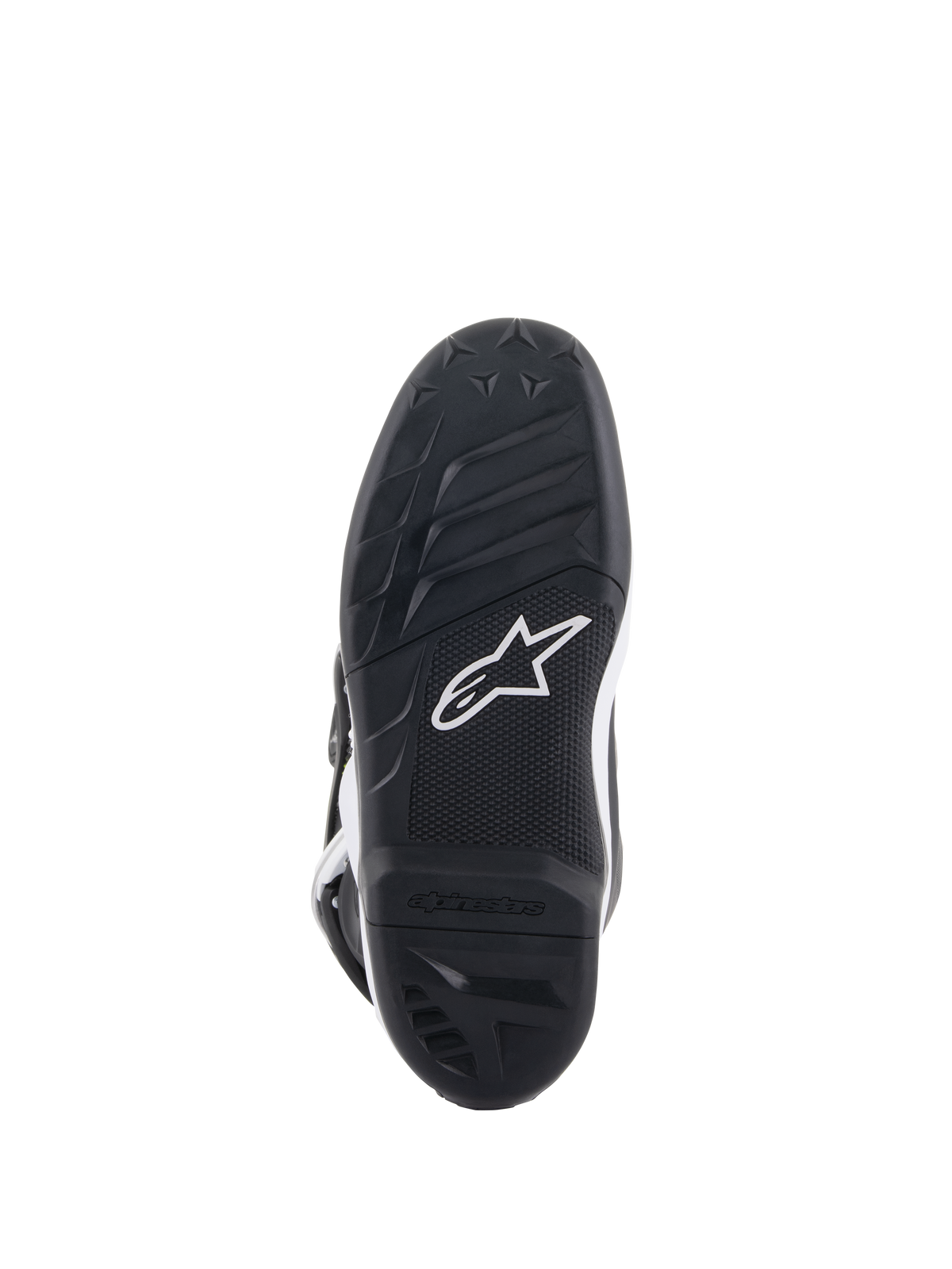 Alpinestars Youth Tech 7S Boots, Bottom Sole View, Black rubber with textured grip pattern and white Alpinestars logo, durable compound construction for youth motocross.