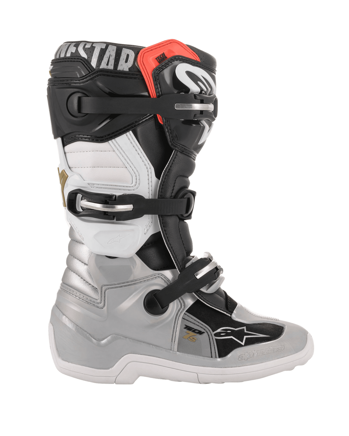 Alpinestars Youth Tech 7S Boots, Motocross Boots, Black Silver White and Gold, side profile view featuring silver lower shell, black and white upper panels, red accent at the top cuff, and three-buckle closure system.