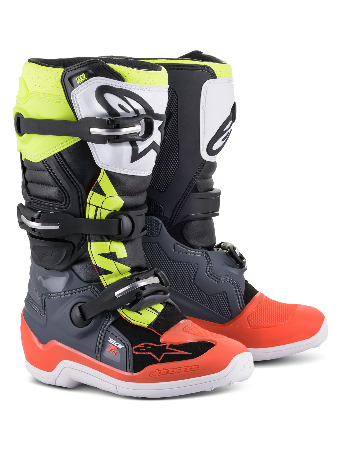 Bottes Alpinestars Youth Tech 7S, bottes de motocross, gris foncé avec accents rouge et jaune fluo, dotées d'une plaque de tibia en TPU blanc avec logo noir, système de fermeture à trois boucles et semelle blanche robuste, conçues pour les jeunes pilotes tout-terrain