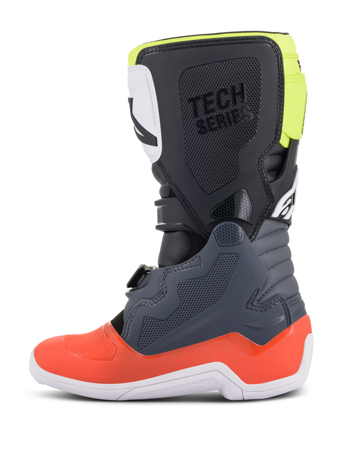Bottes Alpinestars Tech 7S Junior, bottes de motocross, gris foncé avec des accents rouges et jaune fluo, vue de profil, semelle blanche, marquage 'TECH SERIES' et panneaux de protection durables en TPU.