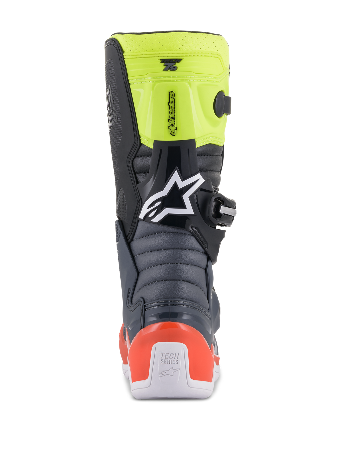 Bottes Alpinestars Youth Tech 7S, bottes de motocross pour junior, gris foncé, rouge fluorescent et jaune fluorescent, vue arrière montrant les zones de flexion en accordéon, le protecteur de talon rouge et le logo Alpinestars blanc