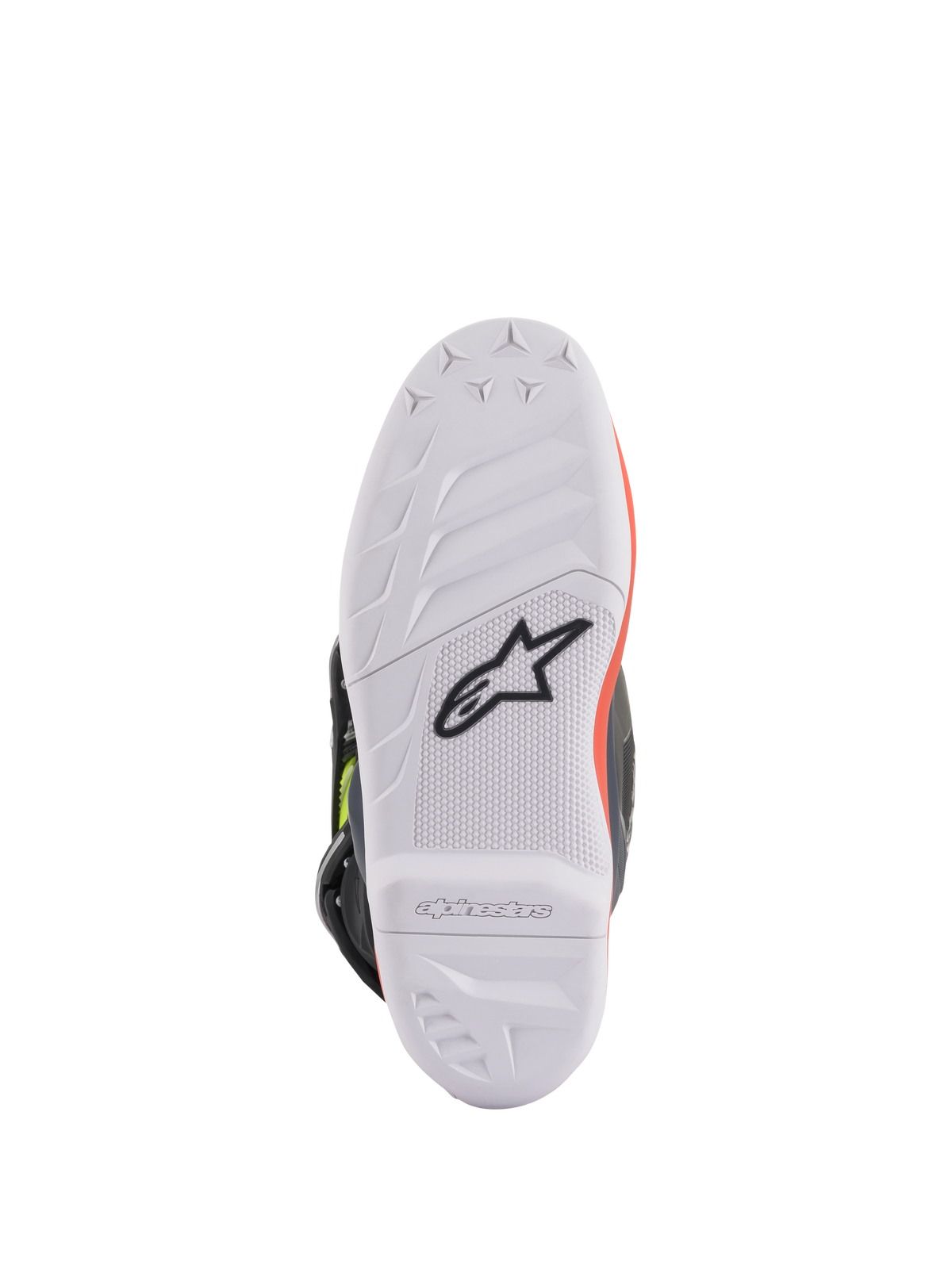 Bottes Alpinestars Youth Tech 7S, bottes de motocross, gris foncé, rouge fluorescent et jaune fluorescent, vue de la semelle montrant une semelle en caoutchouc blanc à haute adhérence avec le logo Astars noir, construction durable pour la conduite tout-terrain