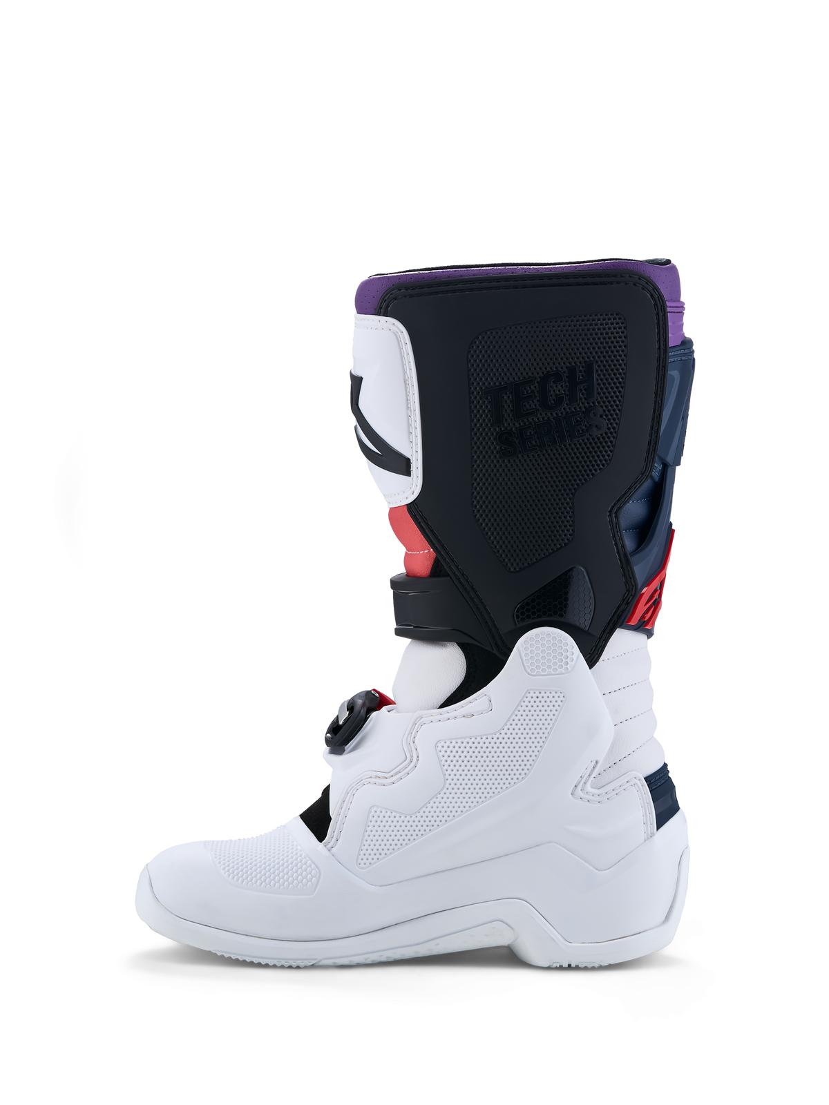 Alpinestars Tech 7S Junior, bottes de motocross blanches et noires avec accents rouges, construction en TPU robuste.