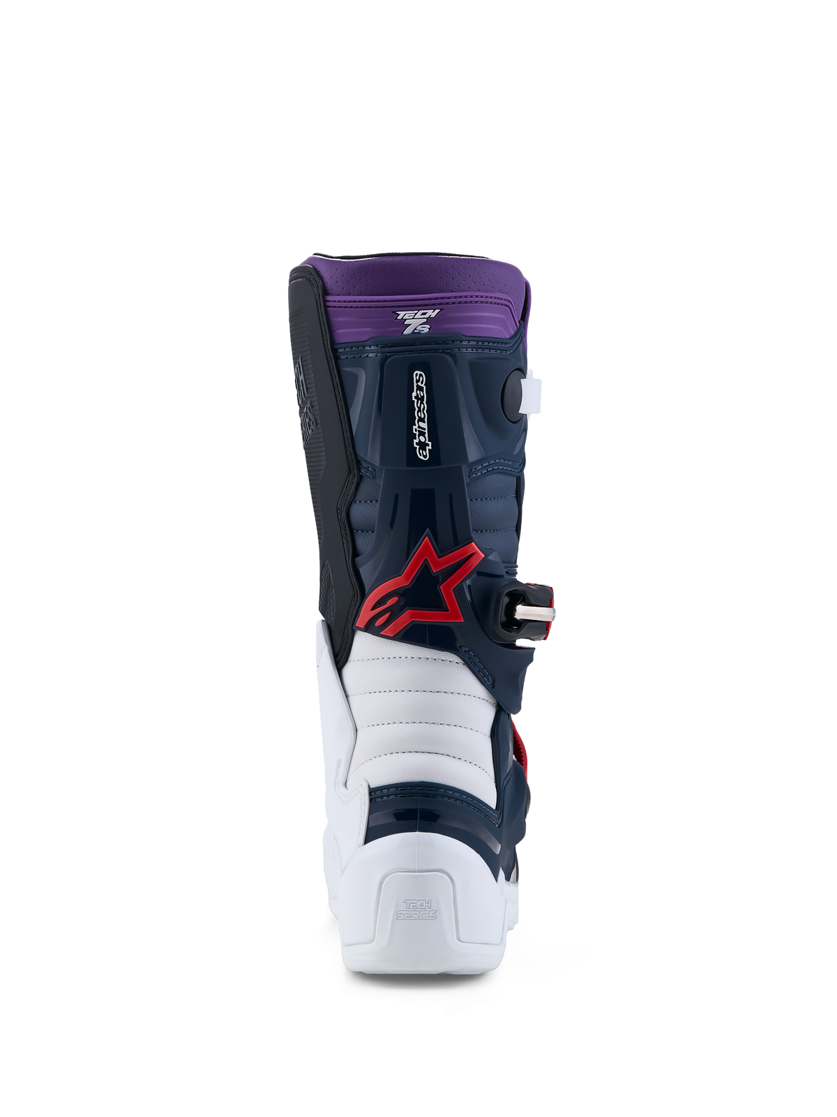 Alpinestars bottes Tech 7S Junior, bottes de motocross, bleu foncé et blanches, logo rouge, certifiées CE, vue arrière.