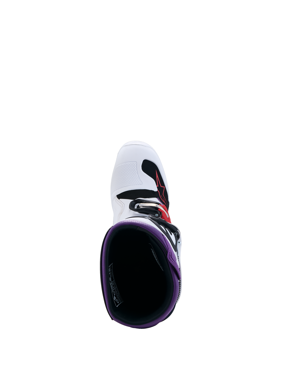 Alpinestars Bottes Tech 7S Junior, bottes de motocross tout-terrain pour enfant, blanches et bleues, vue intérieure de dessus