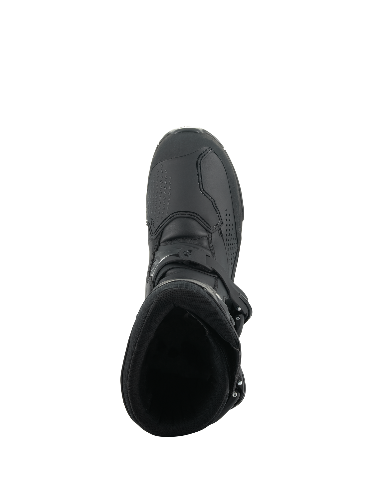 Alpinestars XT-8 GORE-TEX Boots, Adventure Enduro Motorcycle Boots, Black, top-down view showing the padded collar, interior opening, and secure buckle closure system.