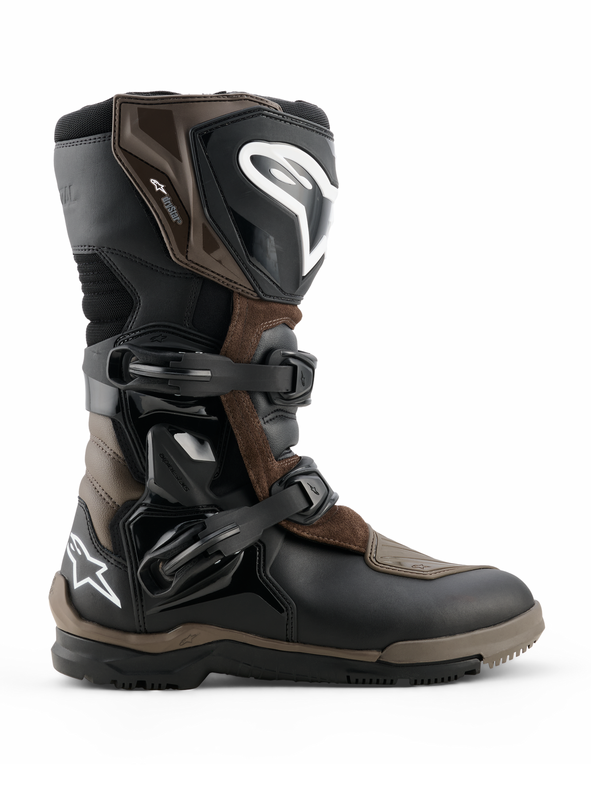 Bottes Alpinestars Corozal V2 Adventure Drystar, bottes de moto aventure touring, marron et noir, construction imperméable avec sangles à boucles ajustables, protection renforcée de la cheville et du tibia, semelle texturée robuste pour une adhérence tout-terrain