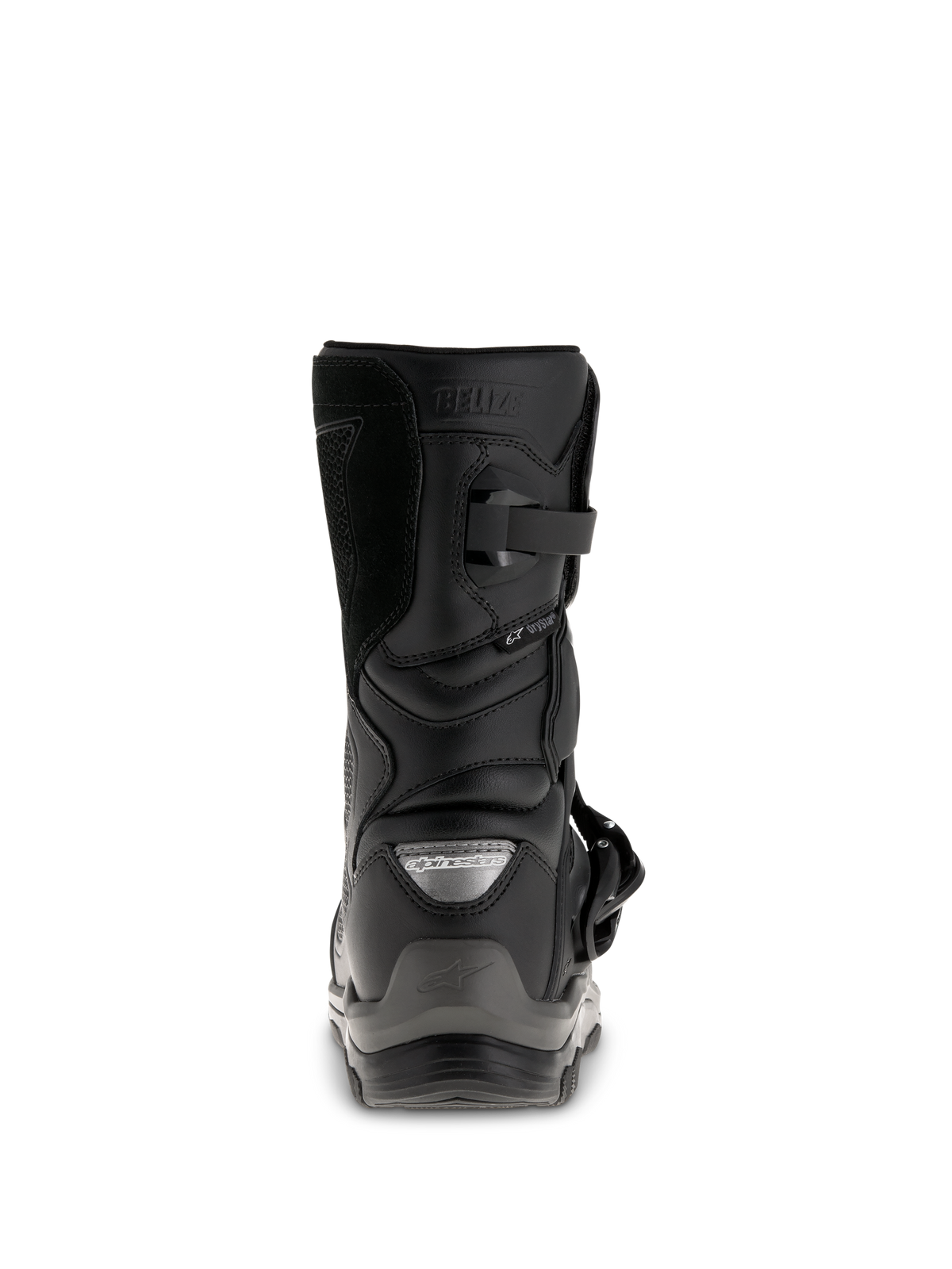 Bottes Alpinestars Belize Drystar®, bottes de moto adventure touring noires, vue arrière montrant le contrefort de talon, la fermeture par boucle et le marquage Drystar® imperméable.