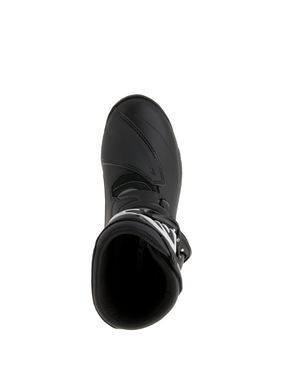 Bottes Alpinestars Belize Drystar®, bottes de moto Adventure Touring, noires, vue de dessus montrant l'ouverture d'entrée et le renfort de sélecteur, construction en cuir imperméable et microfibre