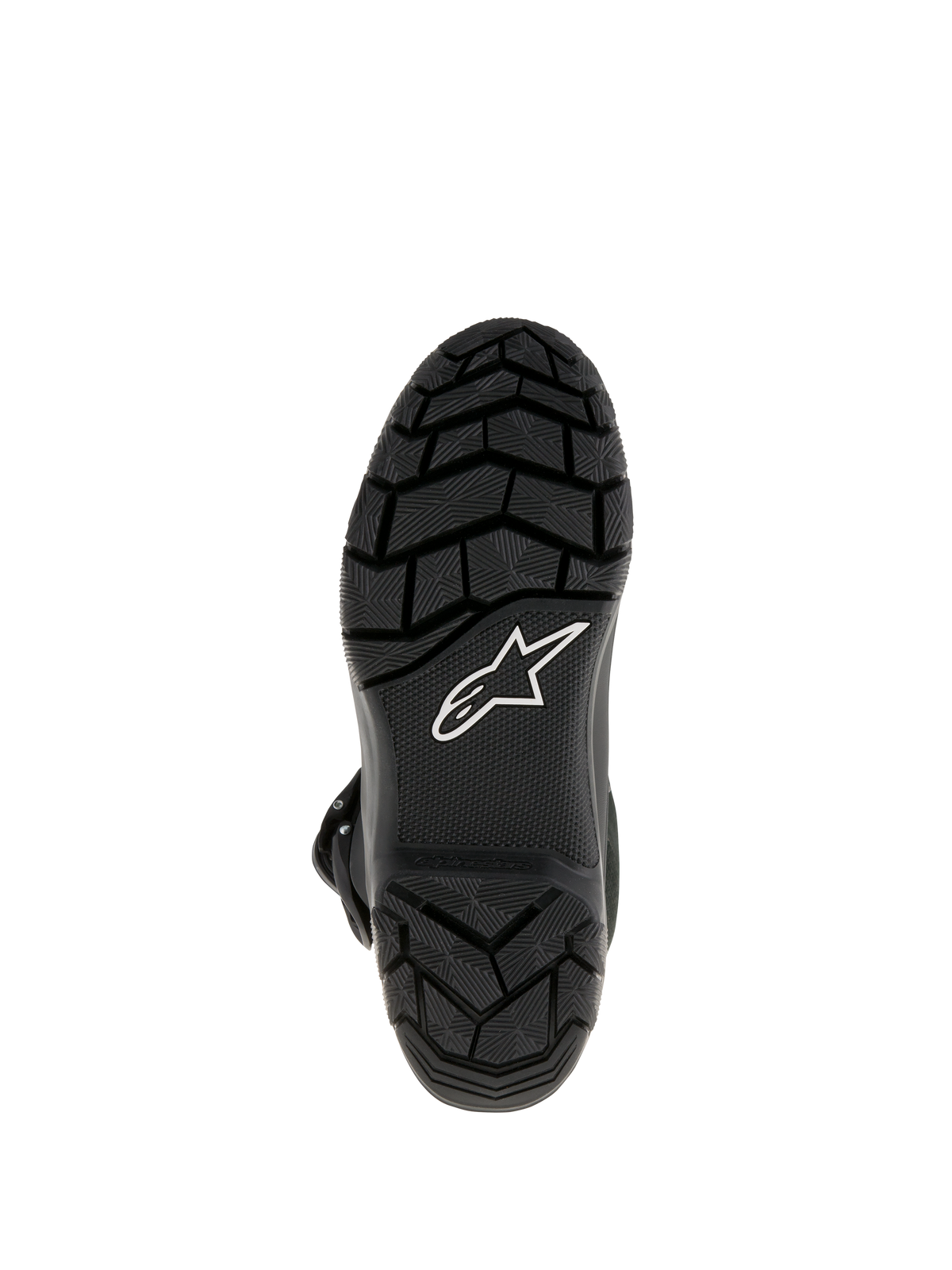 Bottes Alpinestars Belize Drystar®, bottes de moto Adventure Touring, vue de dessous montrant la semelle extérieure en caoutchouc vulcanisé noir avec motif à crampons pour une adhérence supérieure et logo étoile Alpinestars blanc