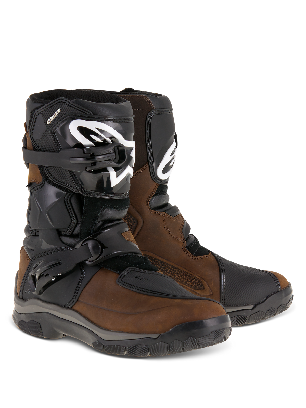 Alpinestars Belize Drystar® Boots, Adventure Touring Motorcycle Boots, Oiled Brown and Black, featuring a low-cut design with dual lateral buckles, black TPU shin plate with white Alpinestars logo, and rugged vulcanized rubber soles.