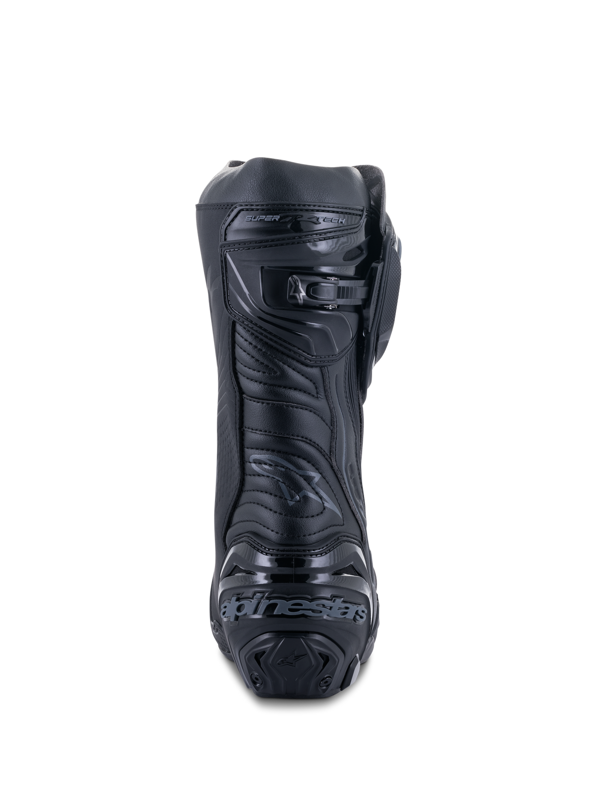 Alpinestars Supertech R Boots, Black Black, rear view showing reinforced heel plate with branding, micro-adjustable ratchet calf closure, and flexible Achilles zone, professional racing motorcycle footwear