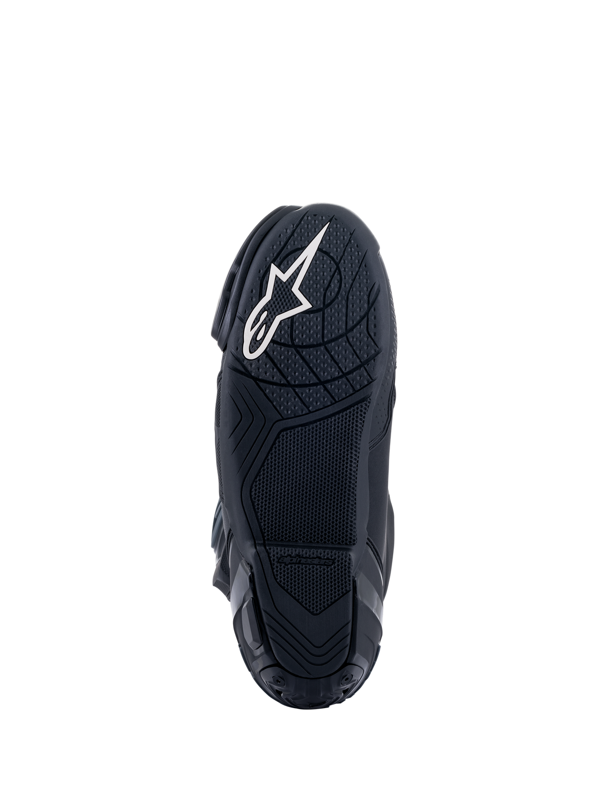 Alpinestars Supertech R Boots, Racing Motorcycle Boots, Black, bottom view of the rubber compound sole with textured grip patterns, featuring a white Alpinestars star logo on the heel