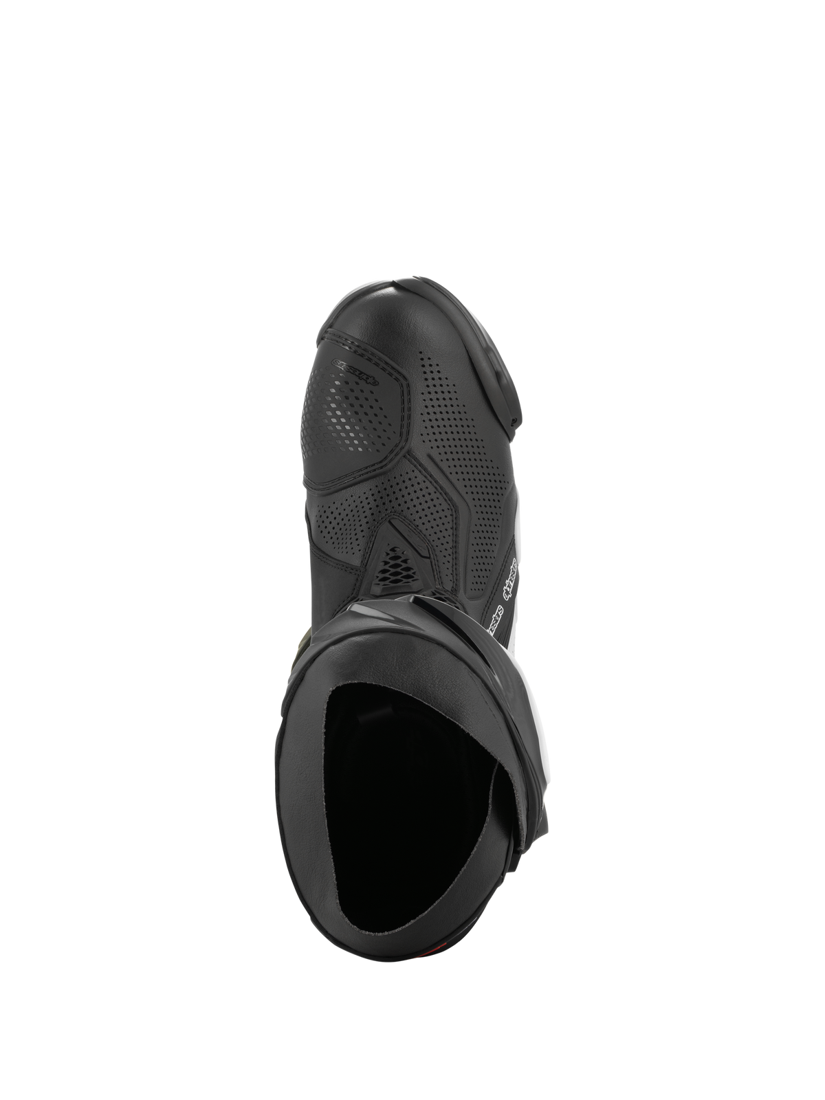 Alpinestars Supertech R Vented Boots, Black and White, top-down view highlighting perforated chassis for airflow, TPU shifter guard, and ergonomic opening, professional racing motorcycle boot.
