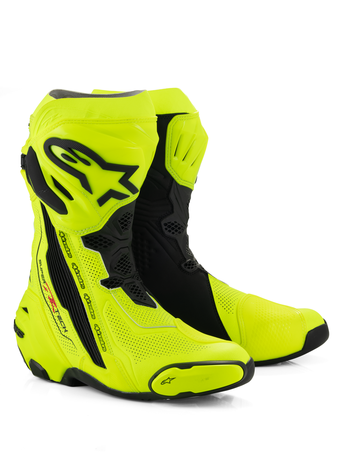 Alpinestars Supertech R Vented Boots, Racing Motorcycle Boots, Bright Yellow Fluo and Black, featuring extensive perforations for airflow, black TPU shin plate and heel protectors, and a sleek aerodynamic profile for high-performance track and road use.