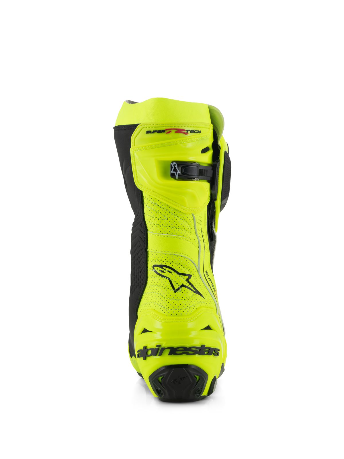 Alpinestars Supertech R Vented Boots, Rear view, Yellow Fluo and Black, featuring perforated microfiber construction, micro-adjustable ratchet closure at the top, and black Alpinestars branding on the heel, professional racing footwear