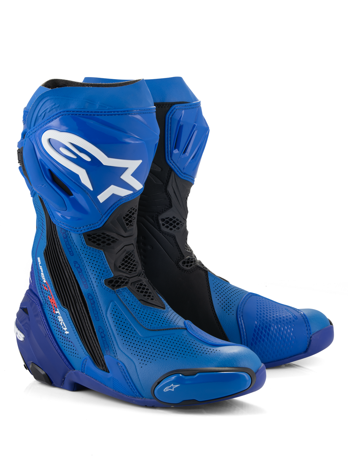 Bottes Alpinestars Supertech R Ventilées, bottes de course moto, bleu et noir, dotées de microfibre perforée pour la circulation de l'air, logo Alpinestars blanc sur le tibia, plaques et sliders de protection en TPU, conception professionnelle pour la piste