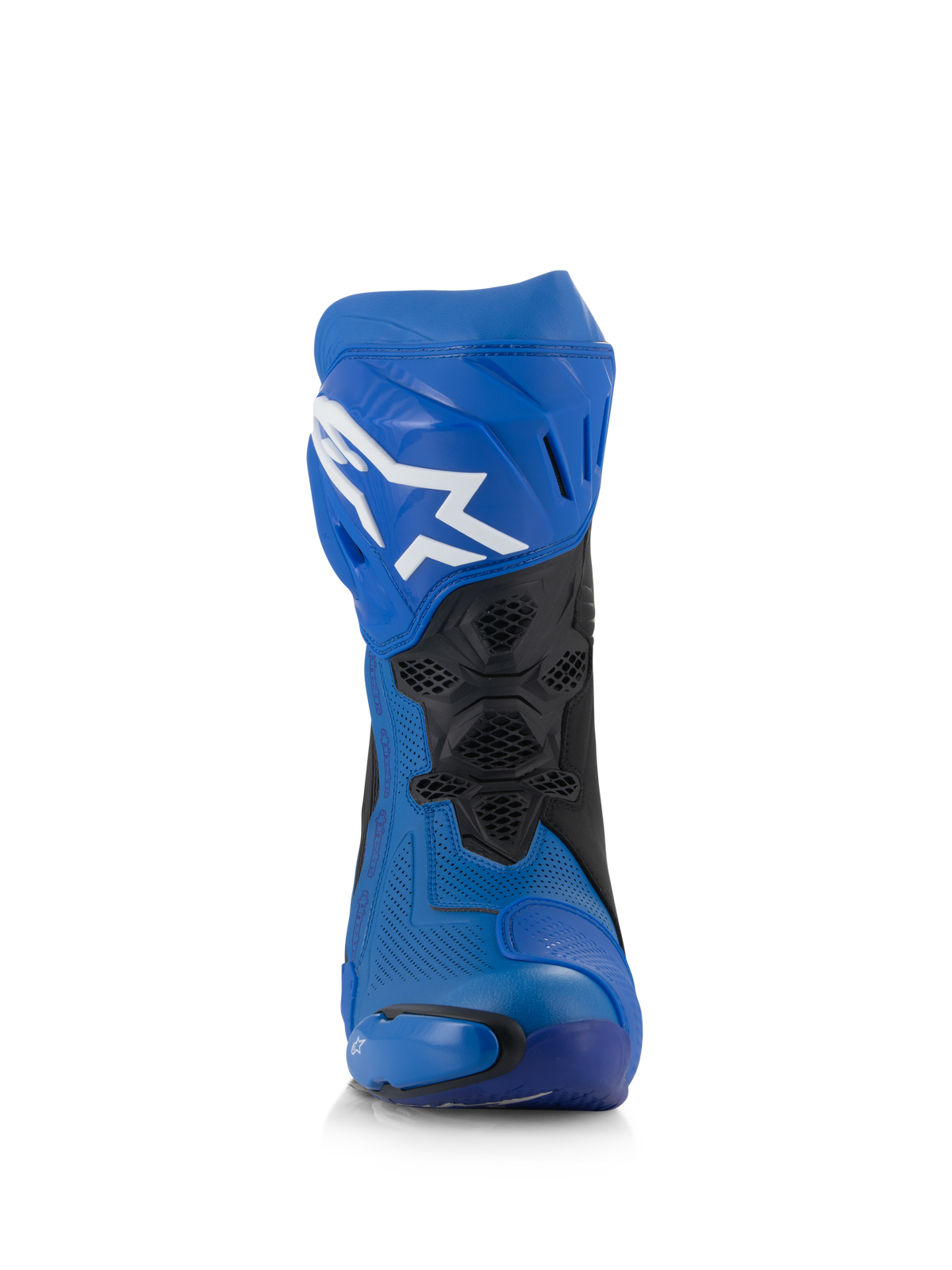 Bottes Alpinestars Supertech R Ventilées, bottes de moto de course bleues et noires, vue de face, tige en microfibre perforée, logo Astar blanc sur la plaque de tibia, panneaux en maille ventilée et sliders de protection