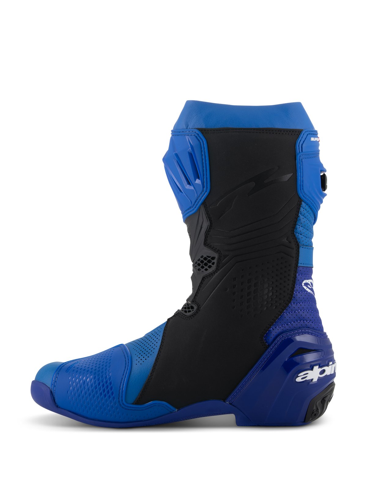 Bottes Alpinestars Supertech R Vented, bleu et noir, vue de profil, bottes de moto de course haute performance avec microfibre perforée pour la ventilation, plaque de tibia en TPU et logo Alpinestars sur le talon