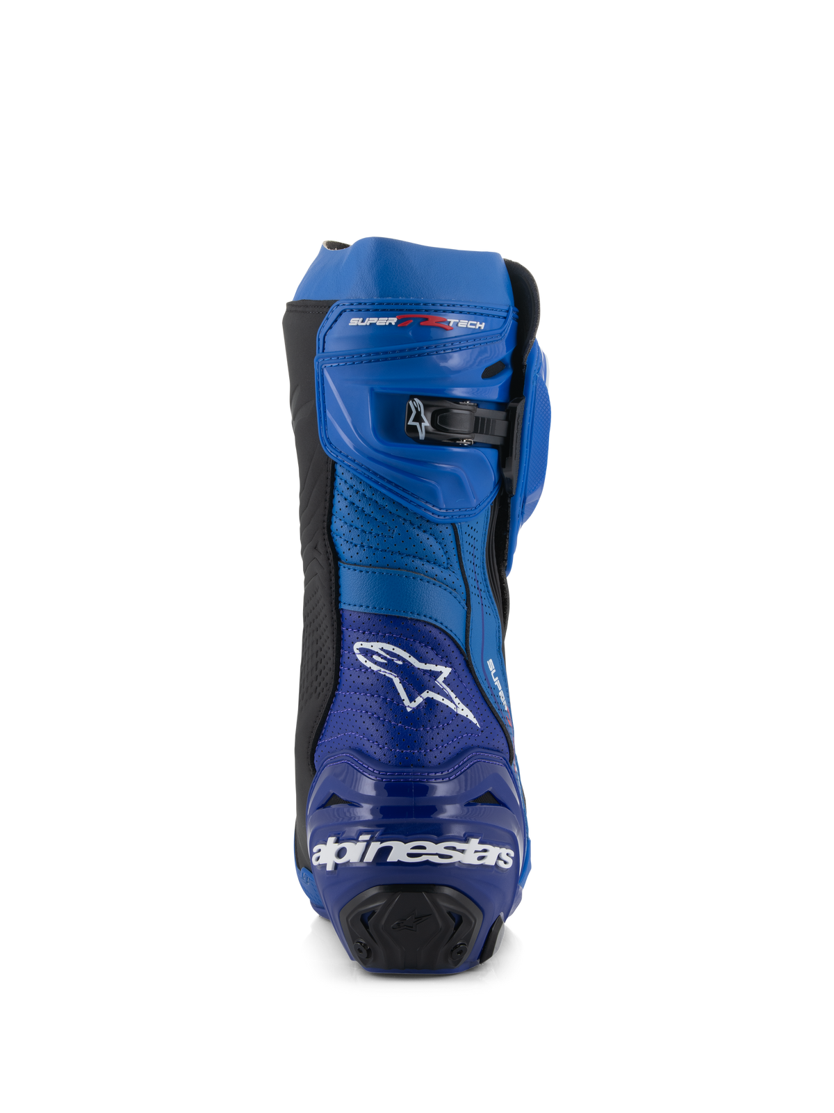 Bottes Alpinestars Supertech R Vented, bottes de moto de course, bleu et noir, vue arrière présentant le logo et le texte Alpinestars sur le talon, des panneaux en microfibre perforée et une fermeture à cliquet micro-ajustable sur le dessus