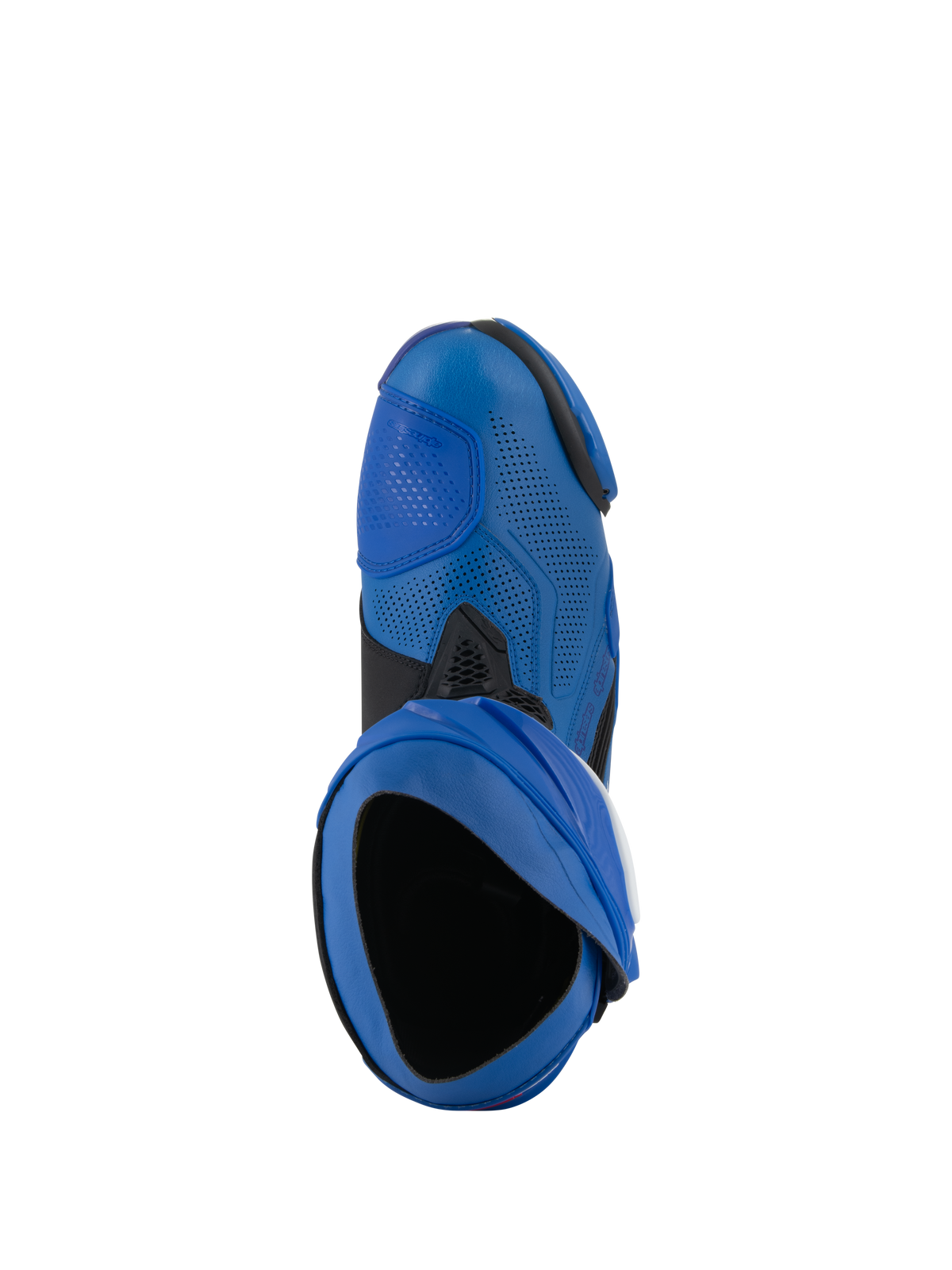 Bottes Alpinestars Supertech R Vented, bottes de moto de course, bleu et noir, vue de dessus montrant l'entrée et la tige en microfibre perforée, chaussures de sport mécanique haute performance avec design ventilé