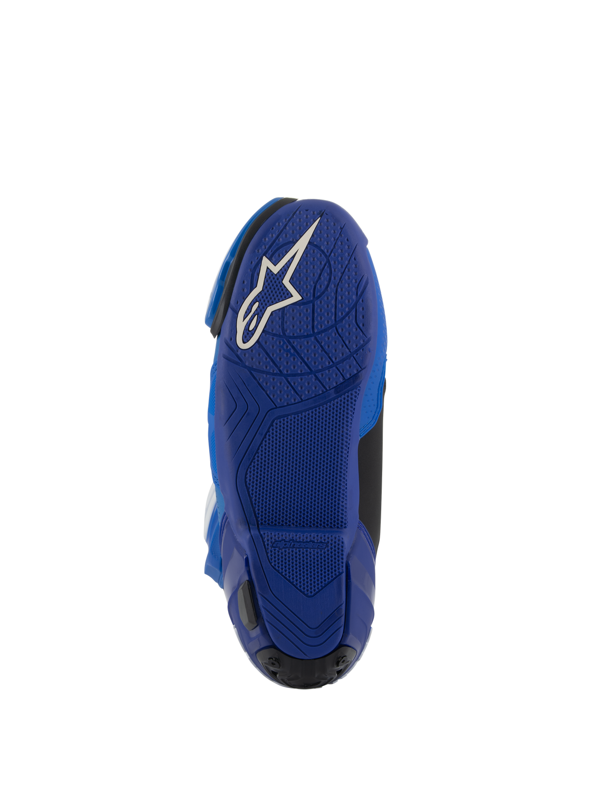 Bottes Alpinestars Supertech R Vented, bleu et noir, vue de dessous de la semelle en caoutchouc bleu avec un logo Astars blanc, motifs d'adhérence texturés pour le contrôle des repose-pieds, chaussures de course moto haute performance.