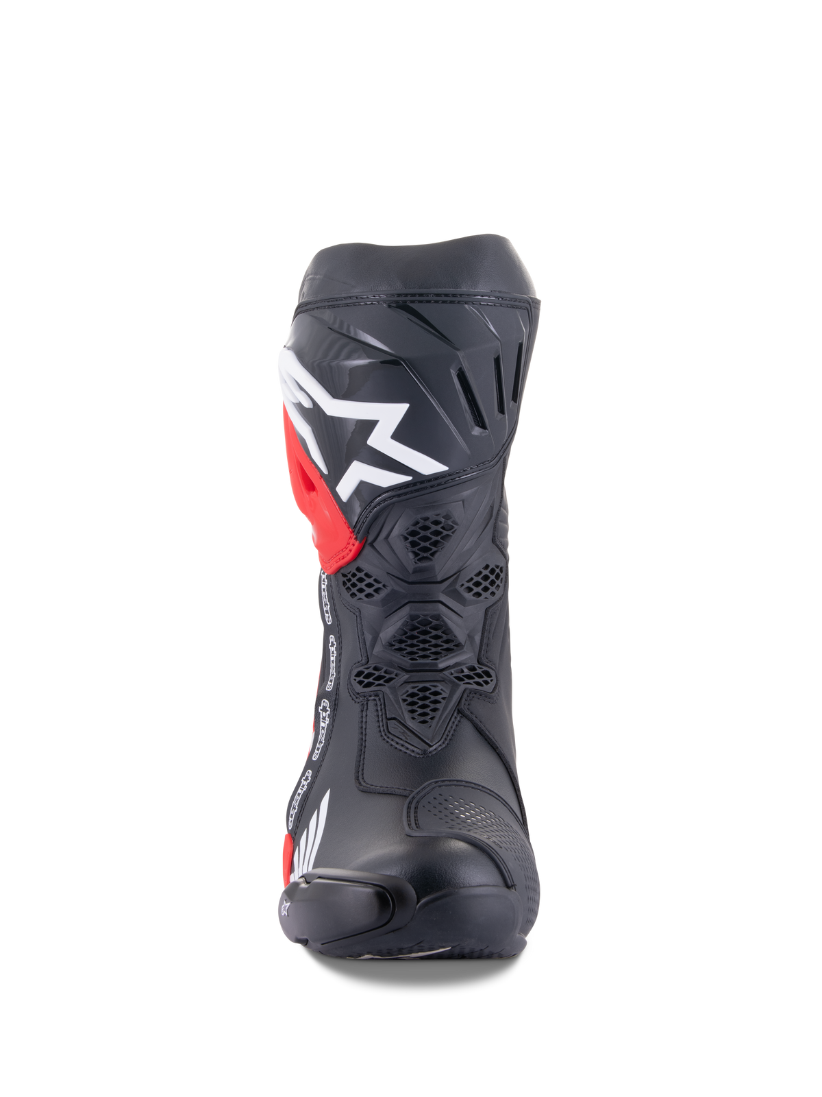 Bottes Alpinestars Honda Supertech R, bottes de course moto, noir avec accents rouges et blancs, vue de face montrant la ventilation en maille nid d'abeille, grand logo blanc sur le tibia, construction en microfibre haute performance