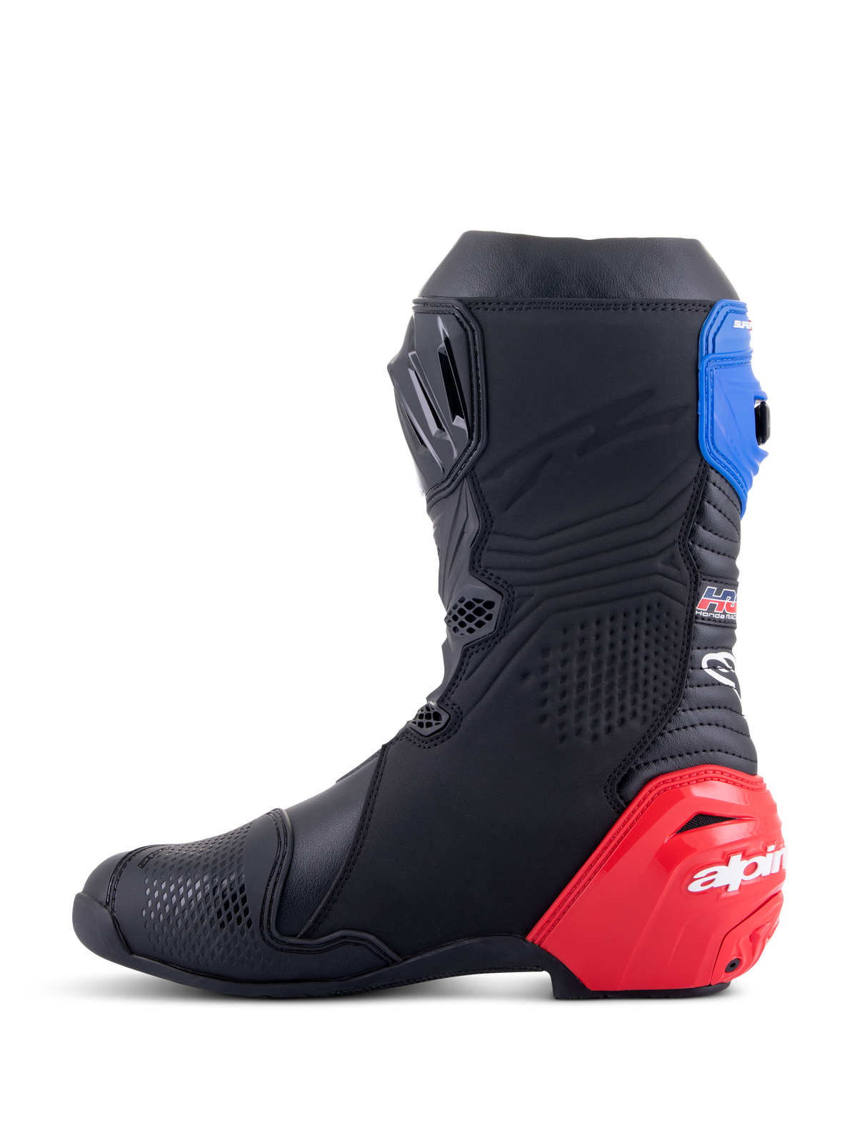 Bottes Honda Supertech R Alpinestars, bottes de moto de course, noir avec des accents rouge vif et bleu, dotées d'un slider de talon en TPU rouge proéminent, d'une guêtre supérieure bleue et du logo Alpinestars, conception technique pour la performance professionnelle sur piste et sur route.