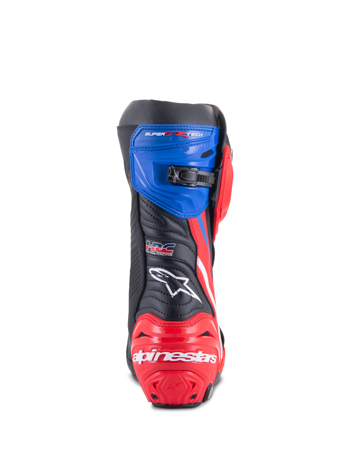 Bottes Alpinestars Honda Supertech R, bottes de course moto, noir, rouge vif et bleu, vue arrière avec talon renforcé rouge et marquage blanc, guêtre supérieure bleue avec fermeture à cliquet micro-ajustable et logo HRC à l'arrière