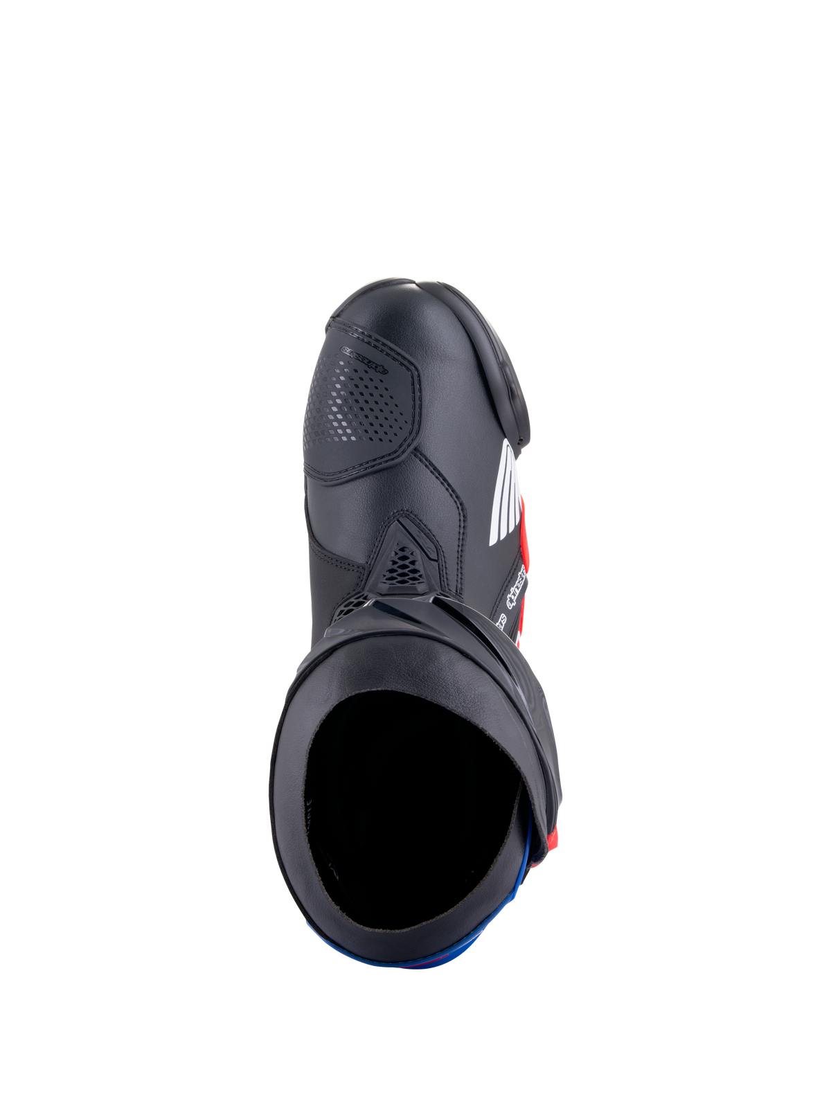 Bottes Alpinestars Honda Supertech R, bottes de course moto, noir, rouge vif et bleu, vue de dessus montrant l'ouverture de la botte et la construction en microfibre, avec plaques de protection en TPU et un design de course profilé