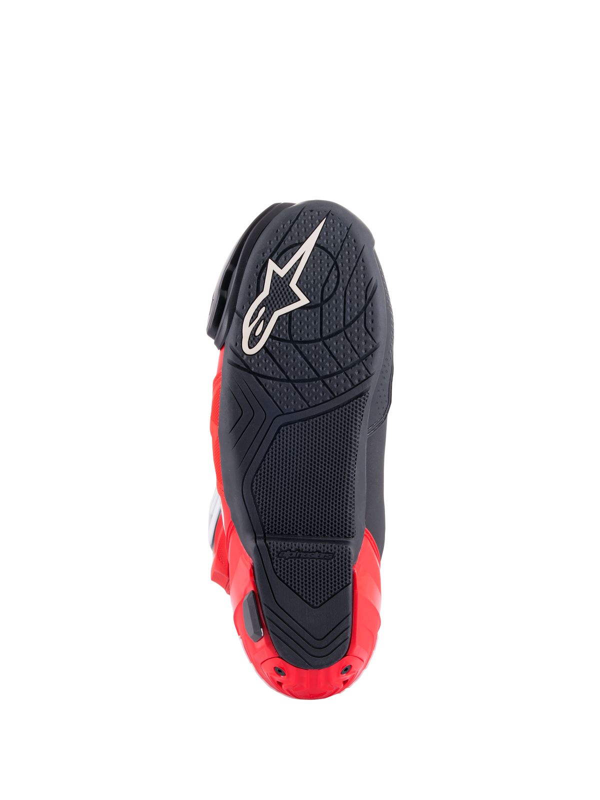Bottes Alpinestars Honda Supertech R, vue de la semelle, noir et rouge vif, composé de caoutchouc texturé pour l'adhérence, logo Astar blanc sur l'avant-pied et curseur de plaque de talon rouge, équipement de moto de course haute performance.
