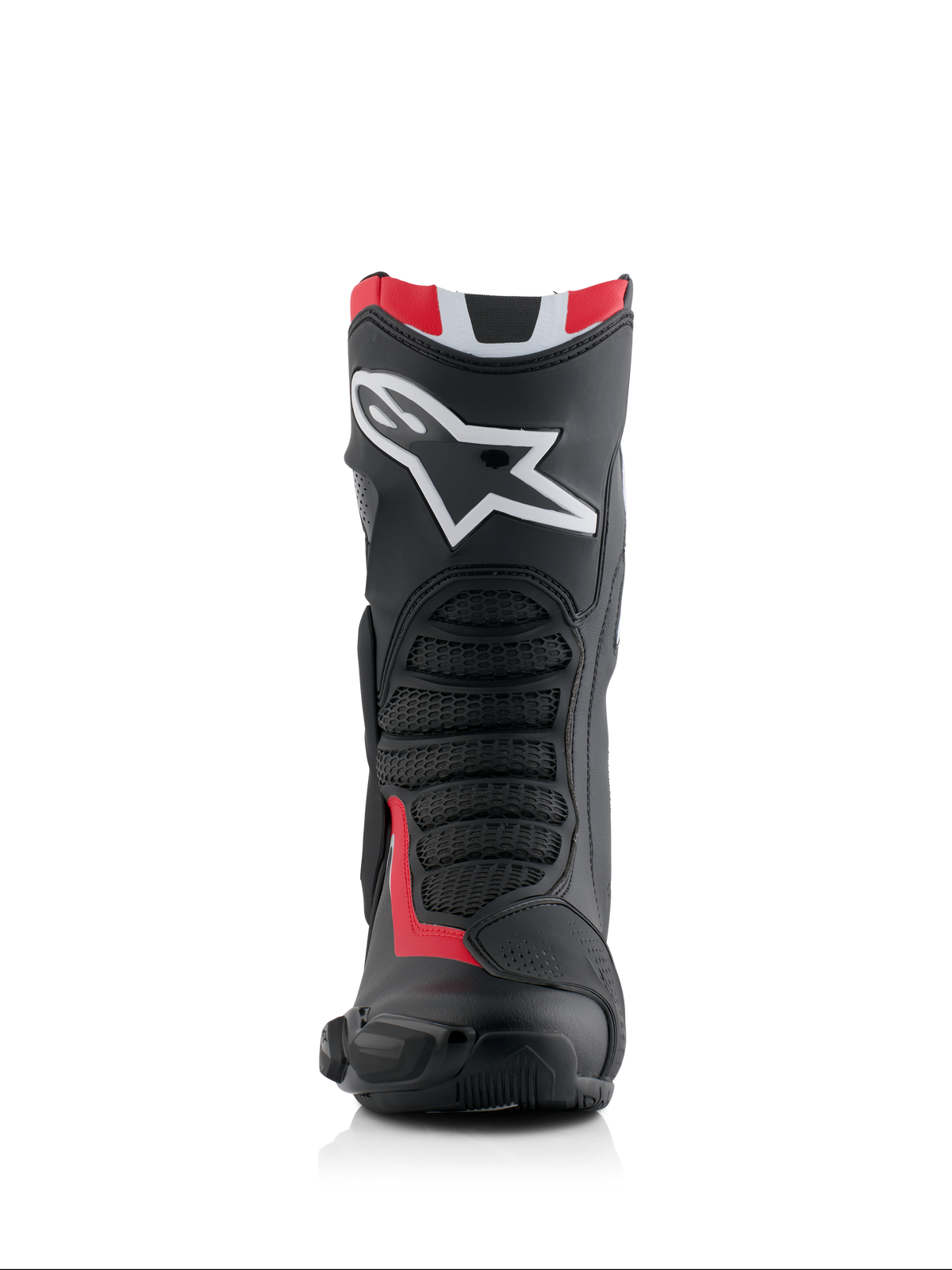 Bottes Alpinestars Honda SMX-6 V3, bottes de moto haute performance, noir, rouge vif et blanc, vue de face avec un grand logo Alpinestars blanc sur le tibia, des zones de flexion en maille texturée et un profil de protection aérodynamique
