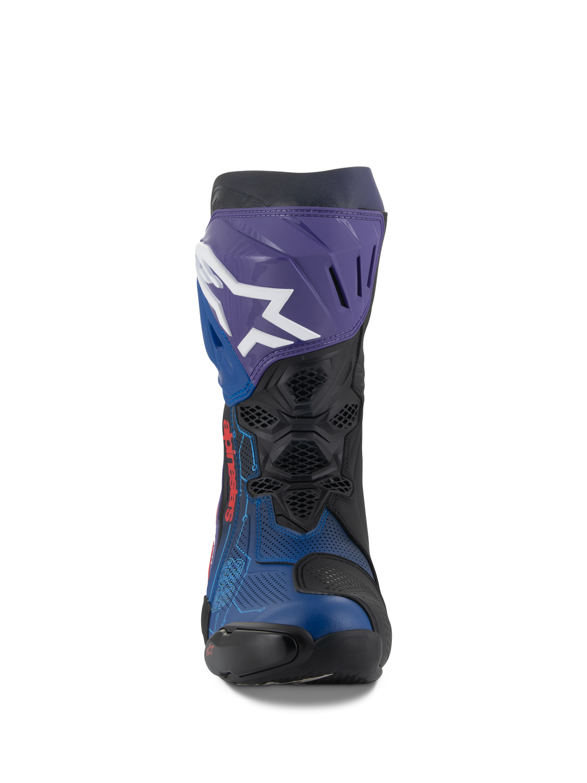 Alpinestars Supertech R LE Martinator R01 Vented Boots, Racing Motorcycle Boots, Blue, Purple, Red and Black, front view featuring a white Alpinestars logo on the purple shin plate, perforated microfiber upper for maximum airflow, technical high-performance racing design
