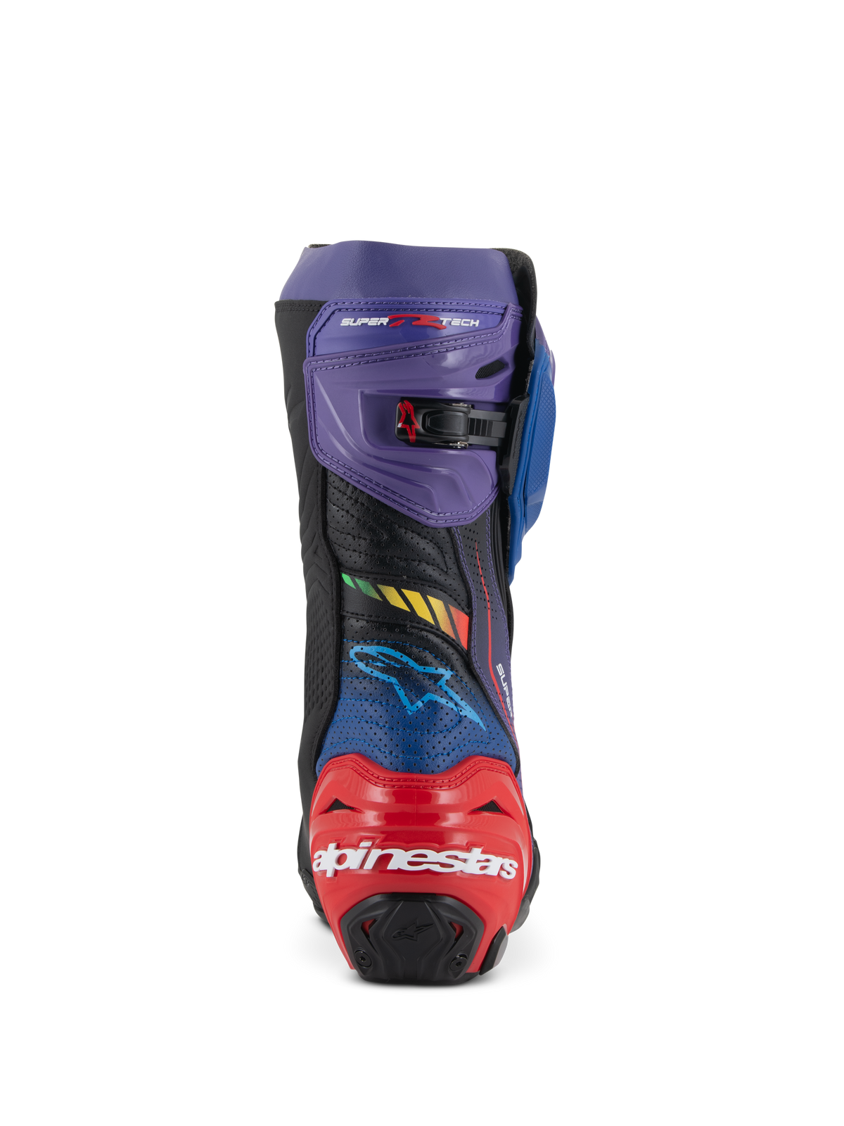 Alpinestars Supertech R LE Martinator R01 Vented Boots, Racing Motorcycle Boots, Blue Purple Red and Black, Rear view featuring red heel protector with white Alpinestars logo, purple upper gaiter with adjustable buckle, and perforated microfiber for airflow.