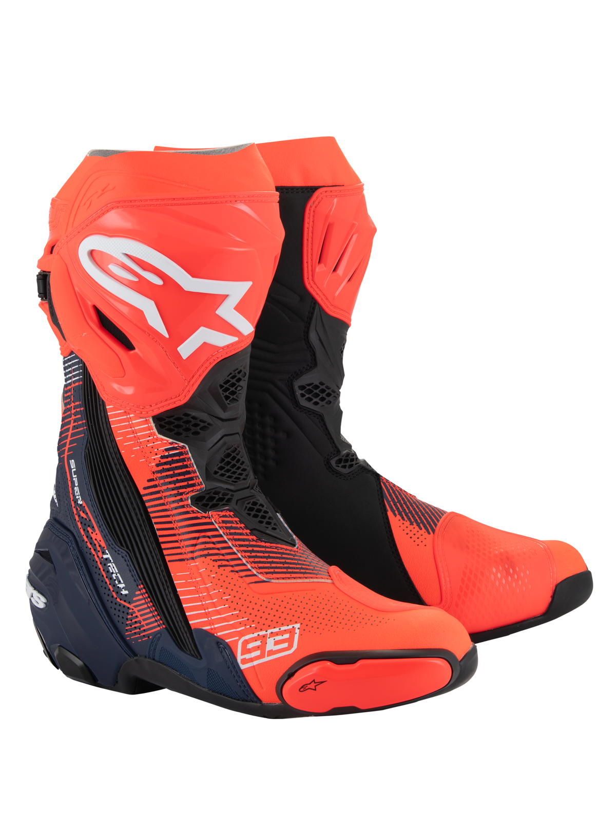 Bottes Alpinestars Supertech R Vented MM93 Replica, bottes de course moto professionnelles, rouge fluo, bleu foncé et noir, avec marquage Marc Marquez 93, construction en microfibre perforée pour la ventilation, design aérodynamique épuré avec sliders de protection avancés