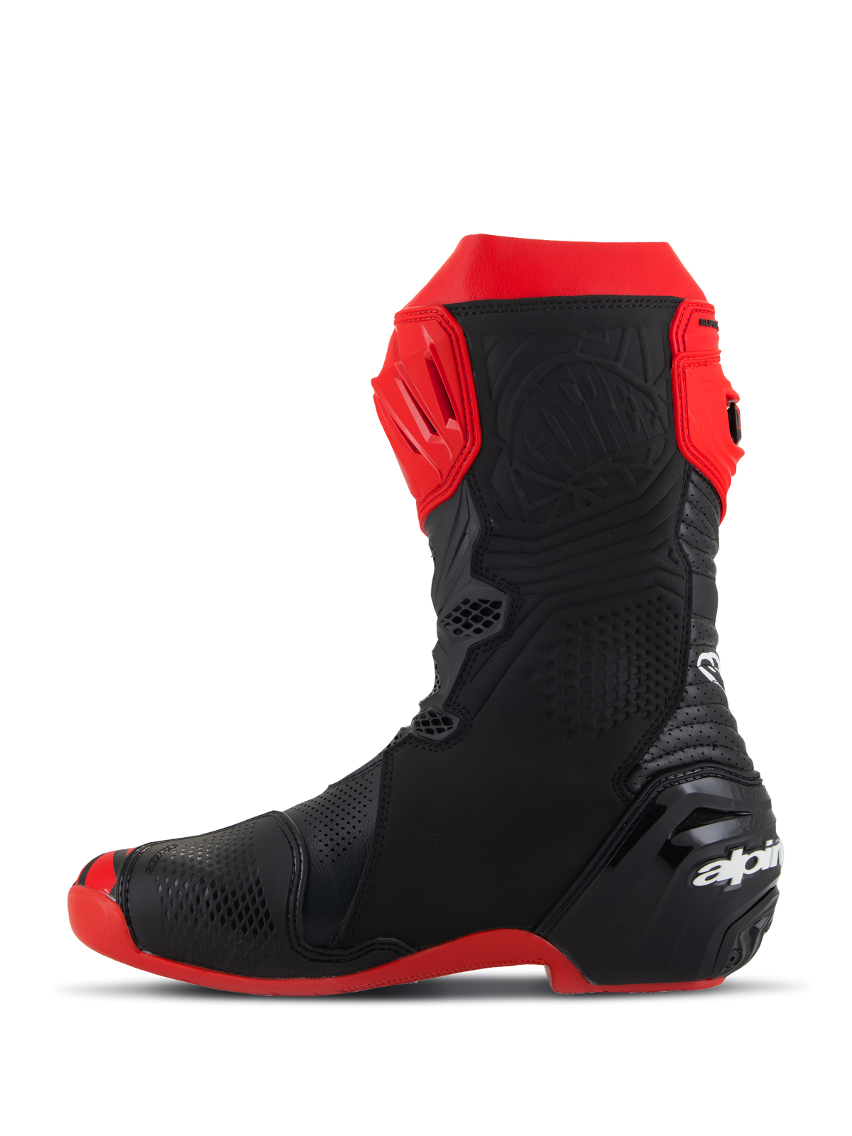 Bottes Alpinestars Supertech R LE Pecco Bagnaia ventilées, bottes de moto de compétition, rouge et noir, vue de profil, avec perforations étendues, plaque de tibia en TPU rouge, talon renforcé et semelle rouge, design aérodynamique pour la compétition haute performance