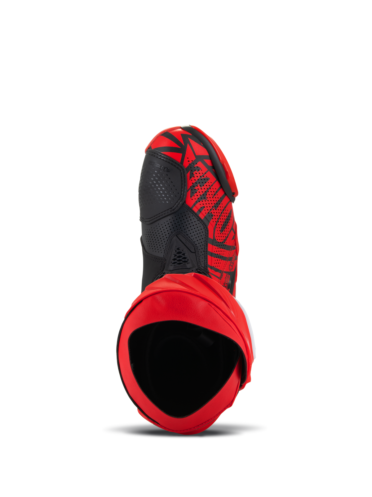Bottes Alpinestars Supertech R LE Pecco Bagnaia ventilées, rouge et noir, vue de dessus montrant l'ouverture intérieure et la tige en microfibre perforée, design graphique audacieux avec accents noirs, équipement de course de moto professionnel