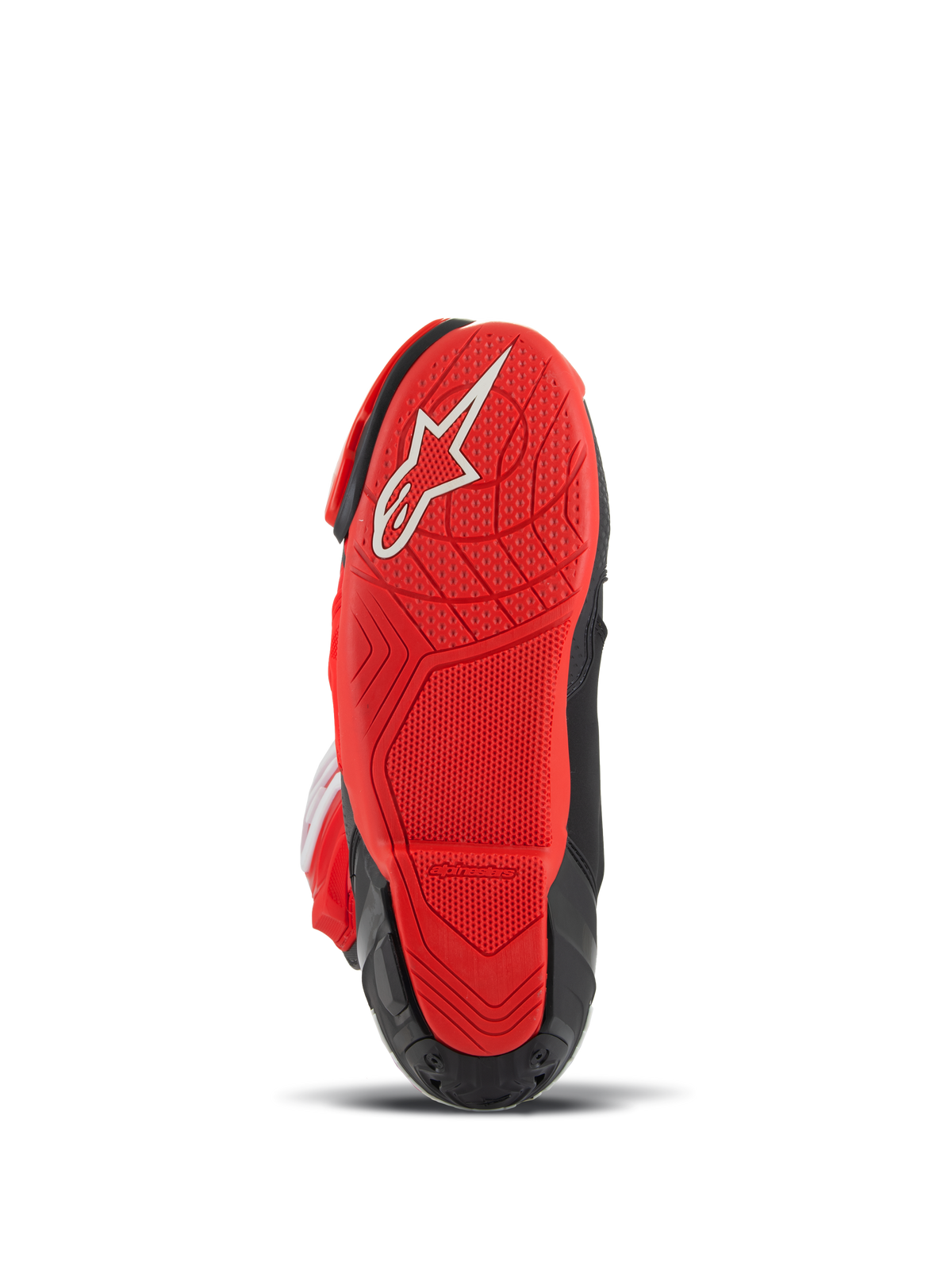 Alpinestars Supertech R LE Pecco Bagnaia Ventilées, bottes de course de moto, rouge et noir, vue de dessous présentant une semelle en caoutchouc rouge avec logo blanc et texture pour l'adhérence