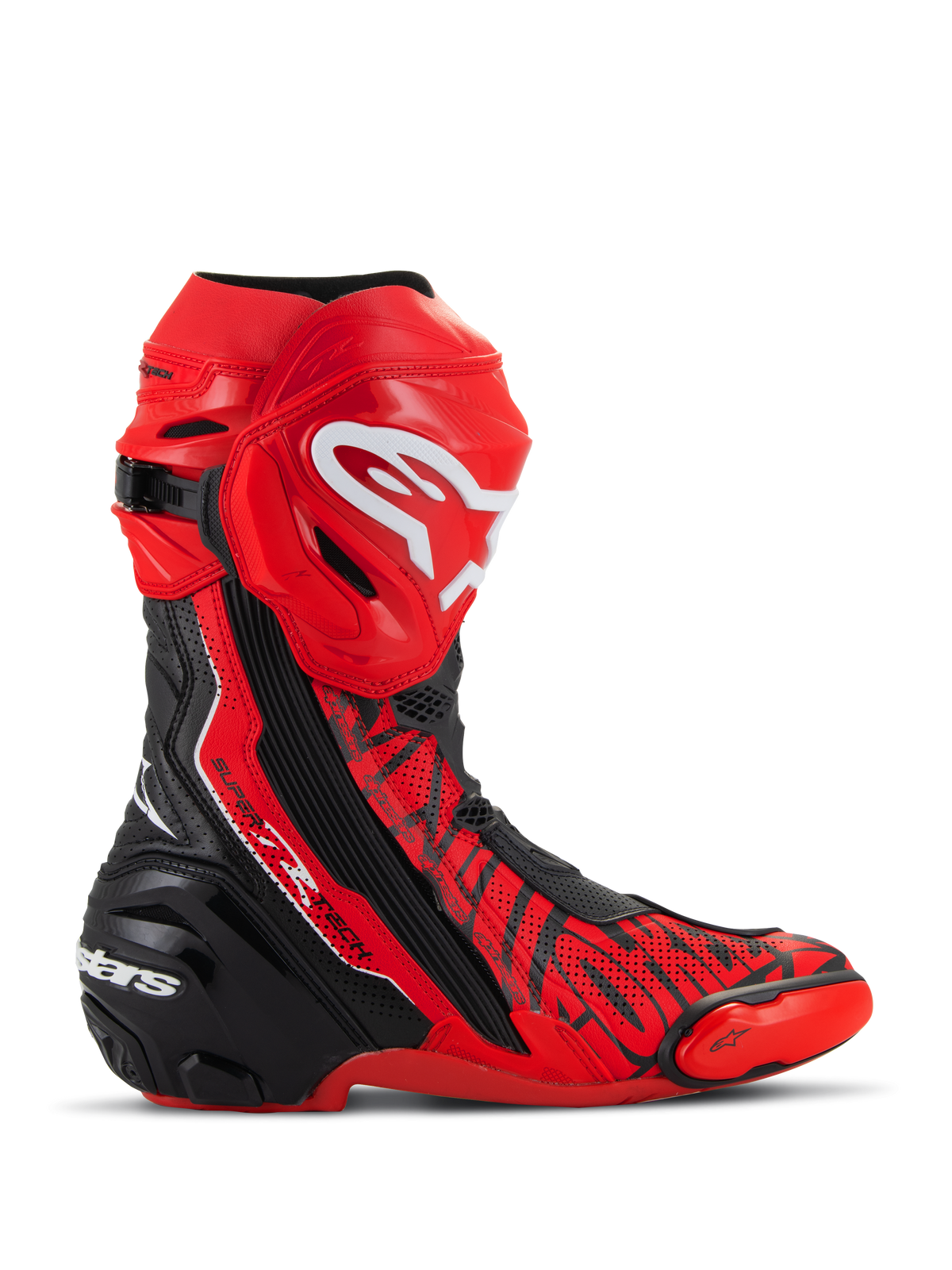 Bottes Alpinestars Supertech R LE Pecco Bagnaia Vented, bottes de course MotoGP, rouges avec accents noirs et blancs, construction en microfibre perforée pour la ventilation, plaque de tibia en TPU rouge avec logo blanc, talon renforcé noir, sliders d'orteils remplaçables, design professionnel pour circuit