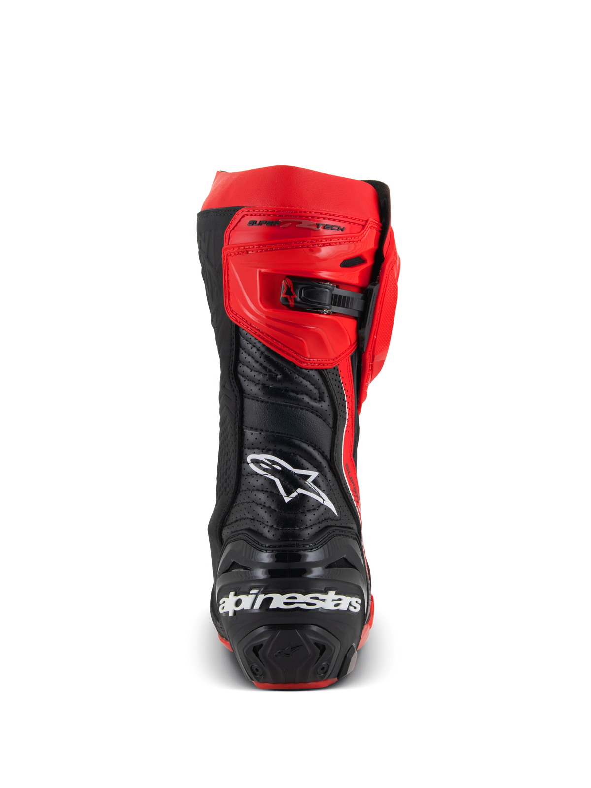 Bottes Alpinestars Supertech R LE Pecco Bagnaia Ventilées, vue arrière d'une botte de course de moto rouge et noire, design en cuir perforé, logo Alpinestars blanc à l'arrière, fermeture à cliquet réglable, équipement de piste professionnel