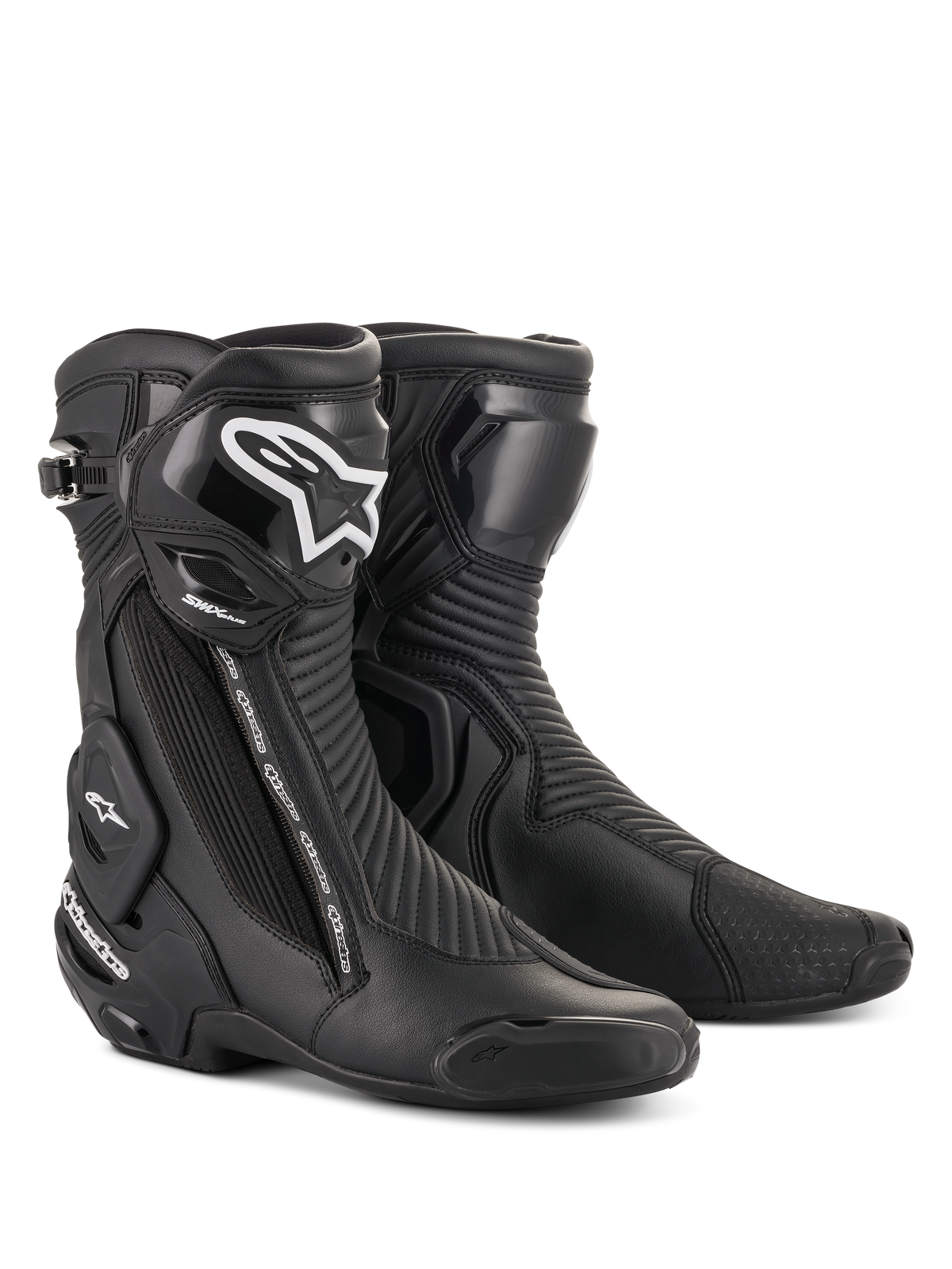 Alpinestars SMX Plus V2 Boots, Motorcycle Racing Boots, Black with White Logo on the shin, High Ankle Design, Reinforced Toe Sliders and Heel Protection, Side Zipper Closure, Ribbed Accordion Texture Panels for flexibility, Aerodynamic Construction