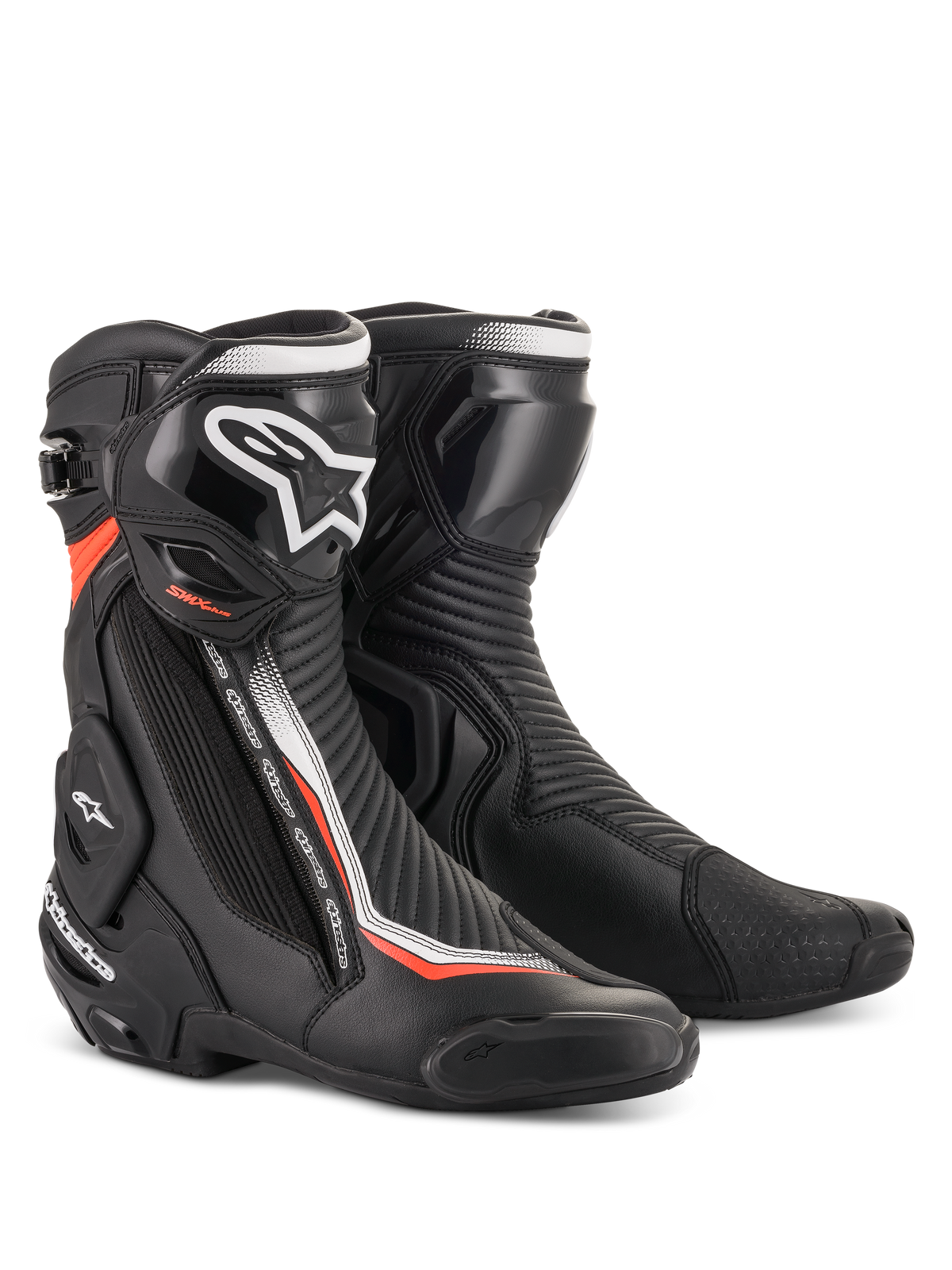 Alpinestars SMX Plus V2, bottes de moto pour course, noires, blanches et rouge fluo, protection TPU et système Multi-Link Control, certifiées CE.
