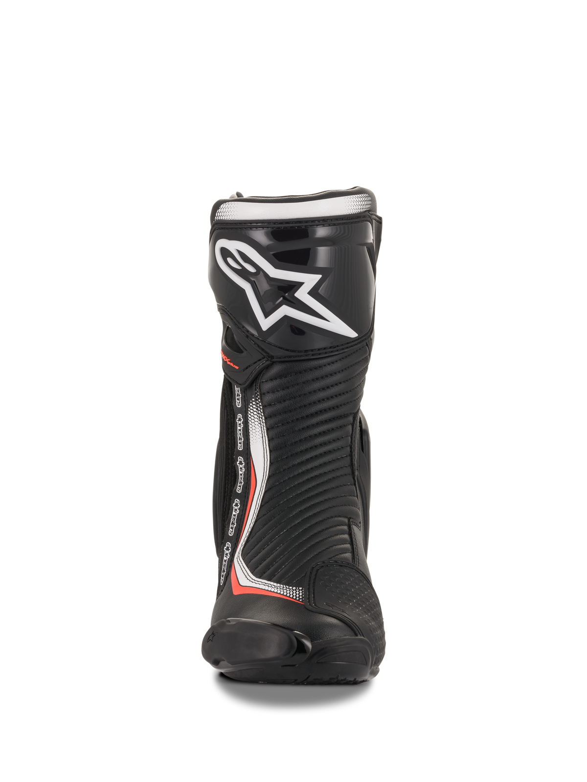 Alpinestars SMX Plus V2, bottes de moto racing noires et rouges fluorescentes, microfibre et TPU, vue de face.