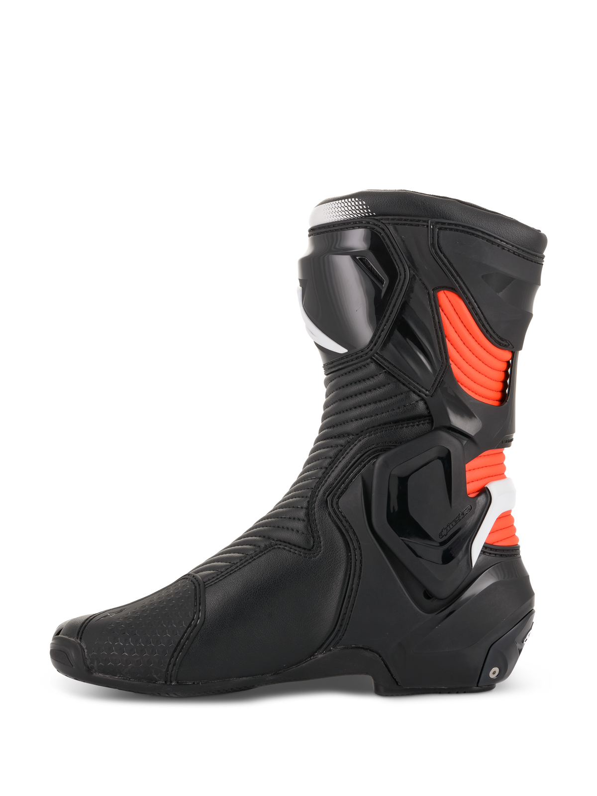Alpinestars SMX Plus V2, bottes de moto racing pour homme, noires et rouges fluo, profil latéral avec protections TPU.