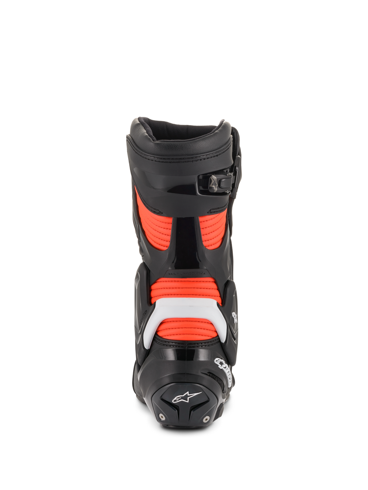 Alpinestars SMX Plus V2, bottes de moto de course noires, blanches et rouges fluo, vue arrière avec protections TPU.